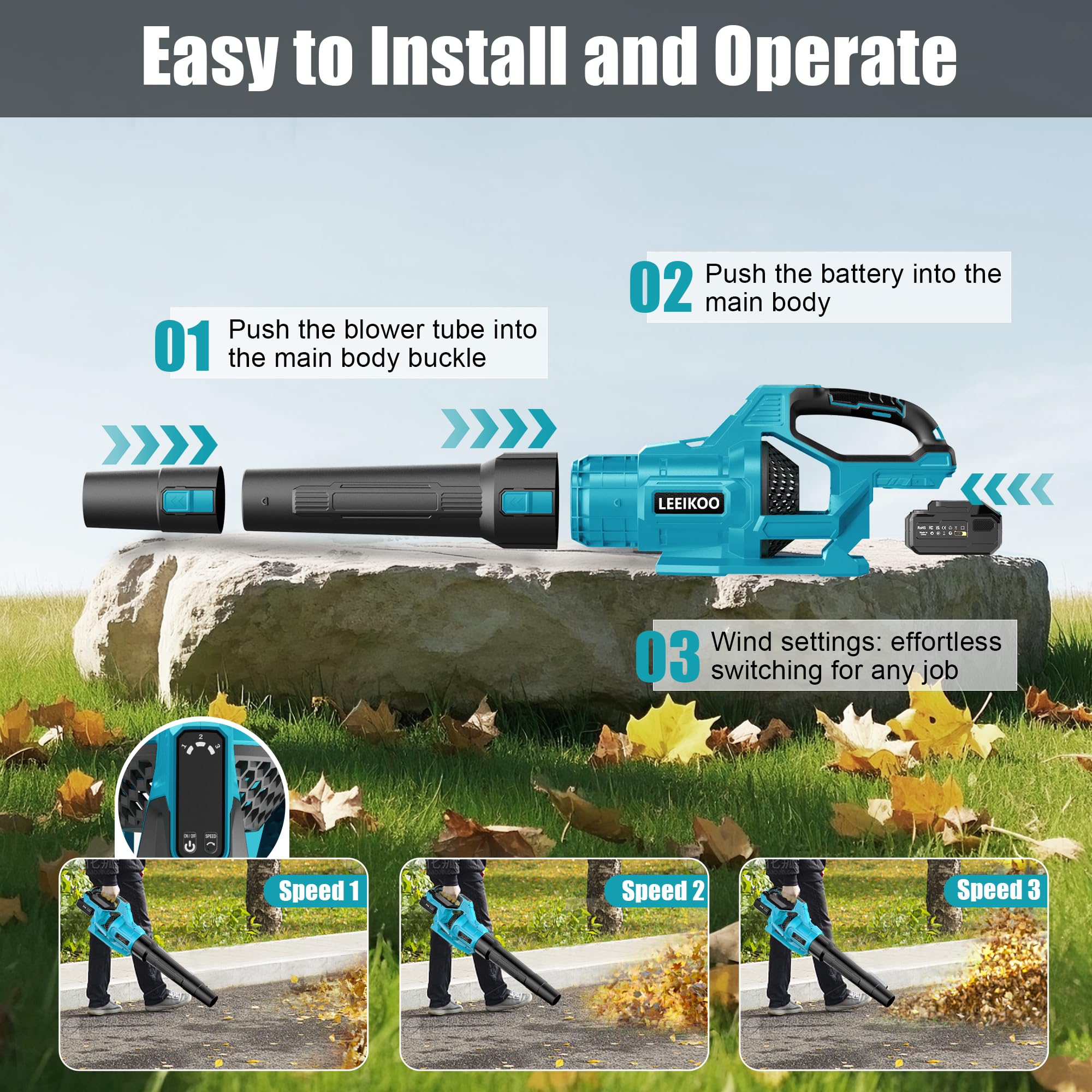Souffleur Batterie, 21V Souffleur de Feuilles avec 2 Batteries 4,0Ah, 3 Vitesses, 2 Tubes de Soufflage, Sangle Souffleur à Batterie pour Nettoyage de Jardin