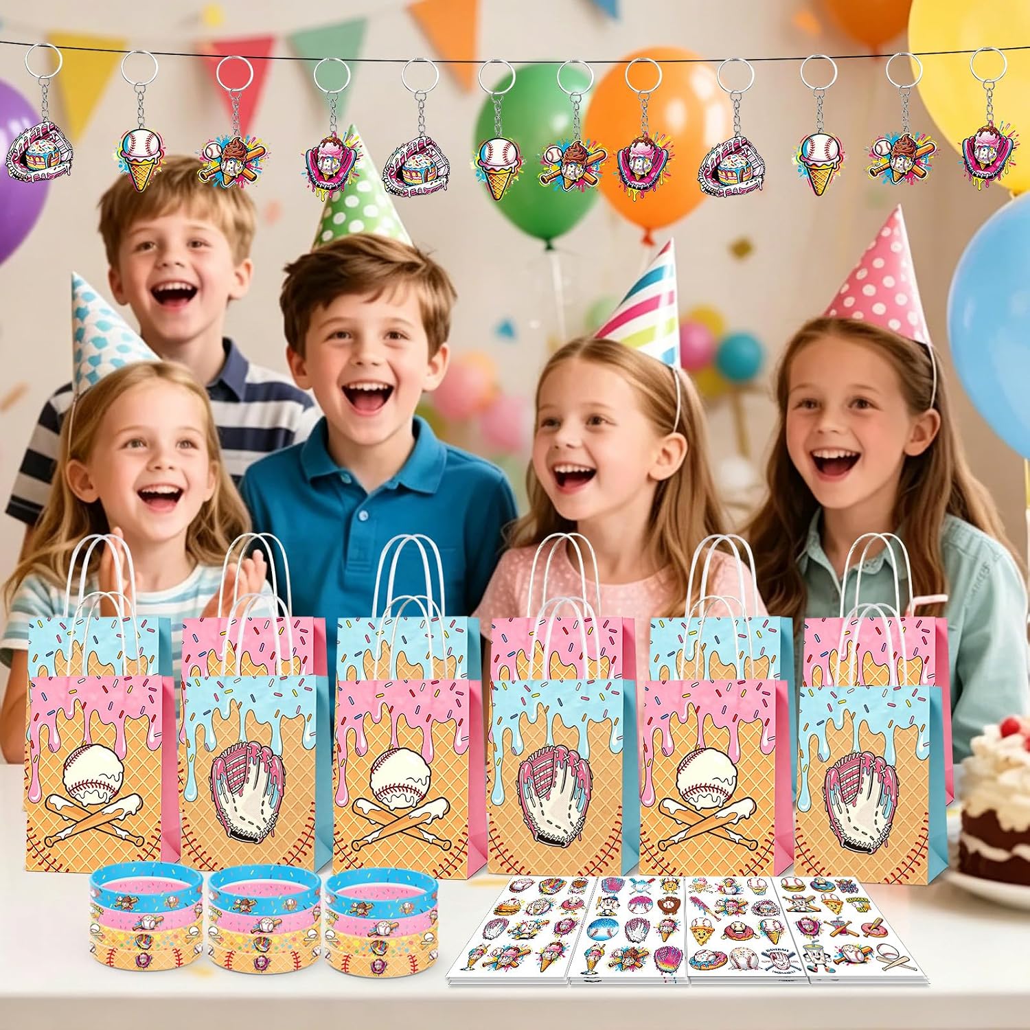48 PCS Ice Cream Baseball Drip Birthday Party Favors Supplies Decorations Stuff, Temporary Tattoos, Keychains, Silicone Bracelets, Keychains, Gift Bags for Ice Cream Baseball Drip Decorations