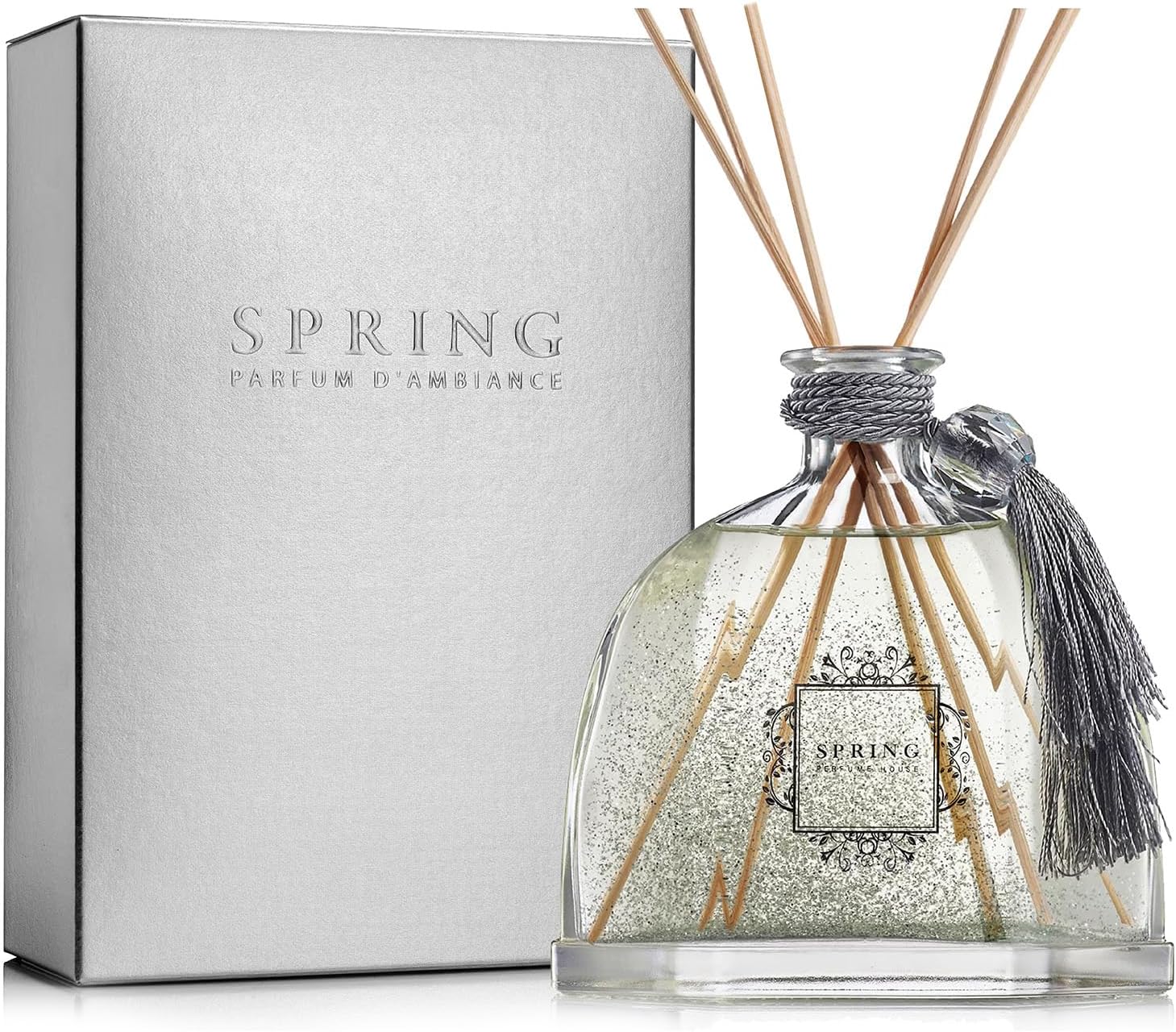 SPRING Reed Diffuser with Silver Flakes 300ml - French-Made Perfume Diffuser with 5 Reed Sticks, Home Aromatherapy with Elegant Glass Bottle - Luxury Gift, Long-Lasting Essence of Gold Scent