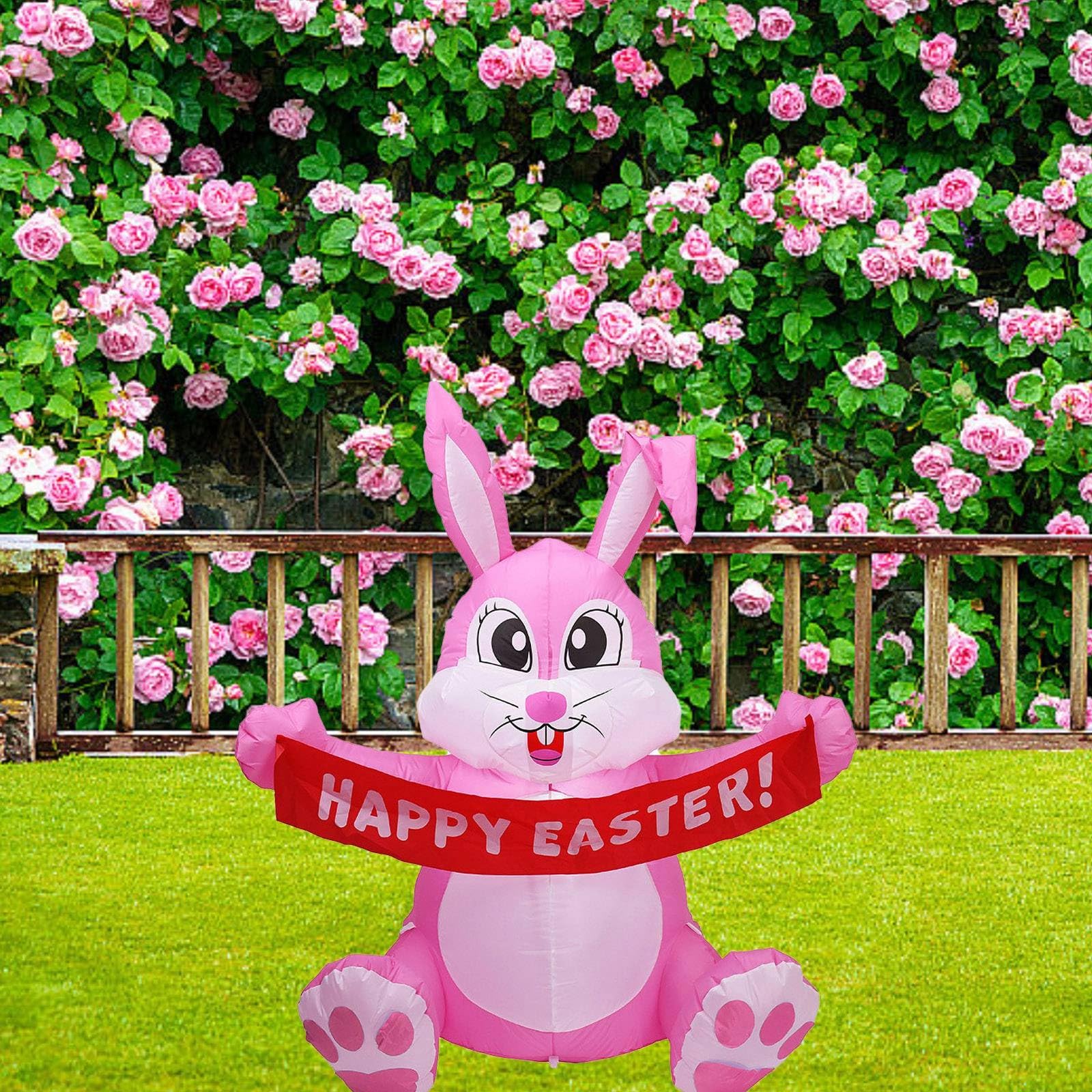 Generisch Niedlicher aufblasbarer Osterhase mit Banner, riesiger rosa Hase für Urlaub, Party, Innen- und Außenbereich, 1,5 m