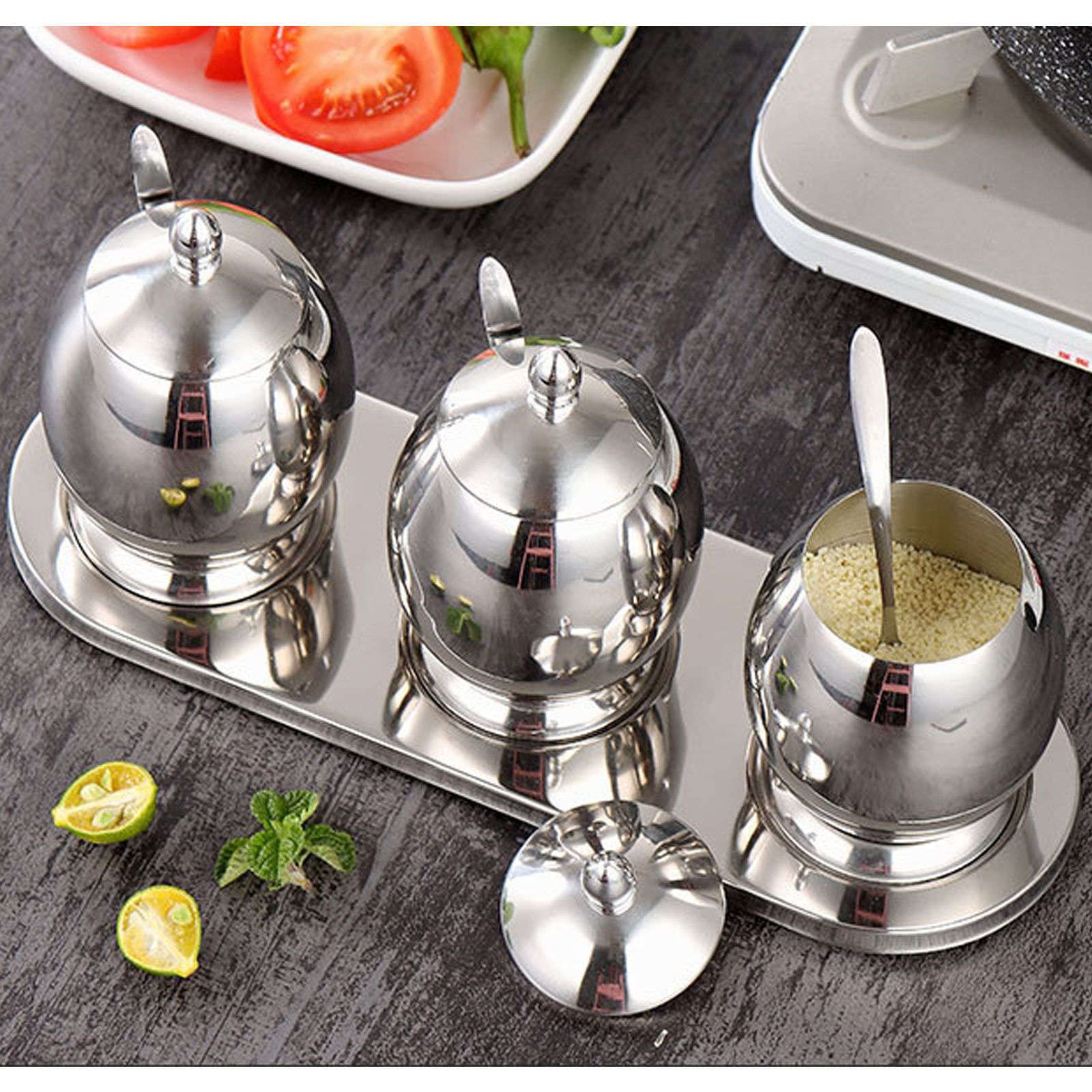 Vorratsgläser Aus Glas, Gewürzbehälter-Set Aus Metall Mit Deckel Und Löffeln, Gewürzbehälter Aus Edelstahl, Salzbehälter, Zuckerbehälter, Roségold(Silber)