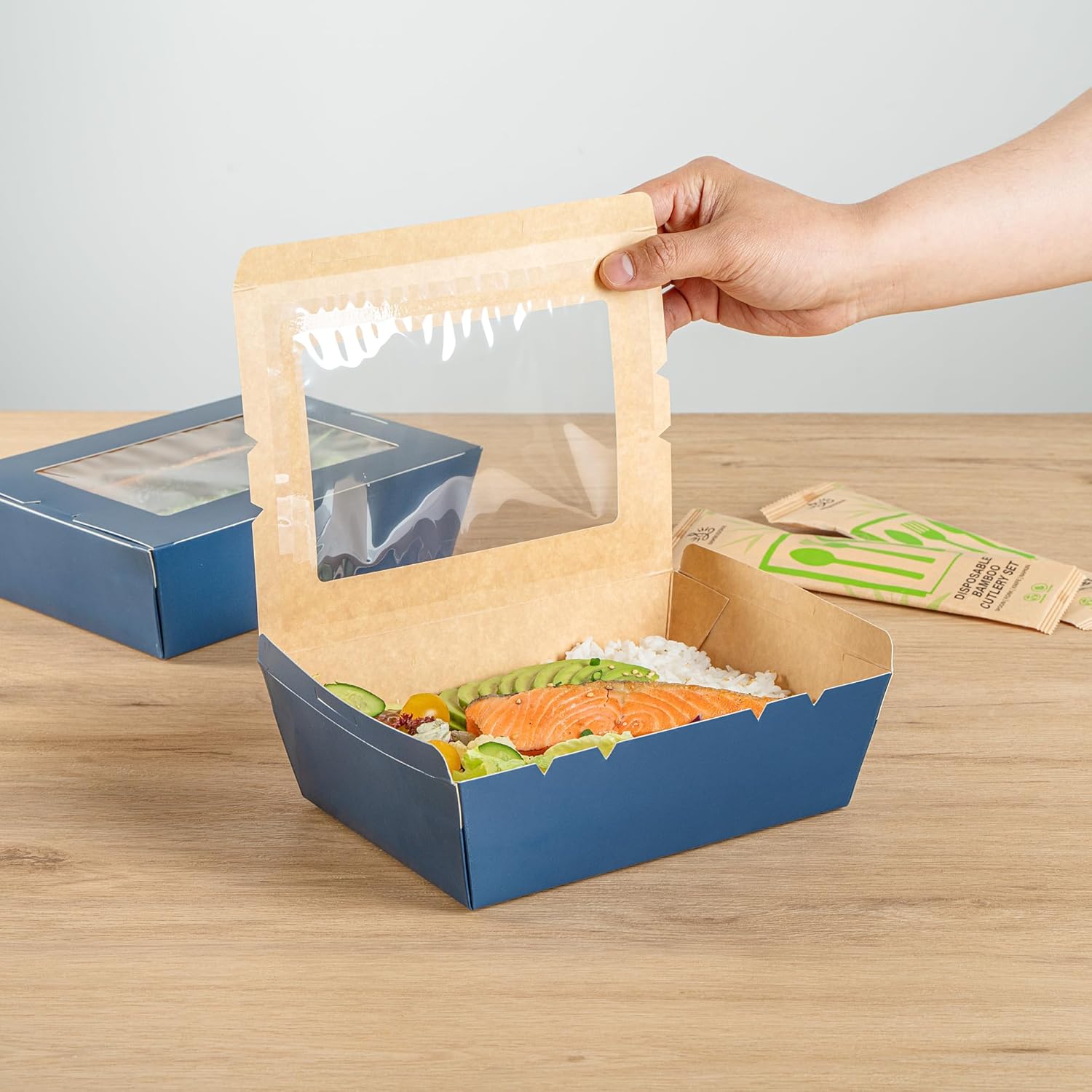 Restaurantware Cafe Vision 71 Ounce Disposable To Go Boxes 200 Paper Boxes For Food - Hinge Lock Grease-Impervious Midnight Blue Paper Take Out Food Containers With Window For Lunch Or Desserts