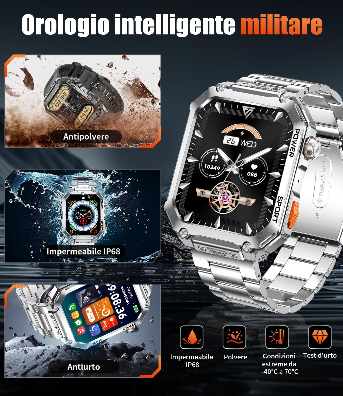 Smartwatch Uomo Militare, 2.01" Sport Smart Watch con Chiamata Bluetooth, 100+ Modalità Sportive, IP68 Fitness Orologio, Frequenza Cardiaca e Sonno, 600mAh Batteria, Android iOS, 2 Braccialetti,EF2-M