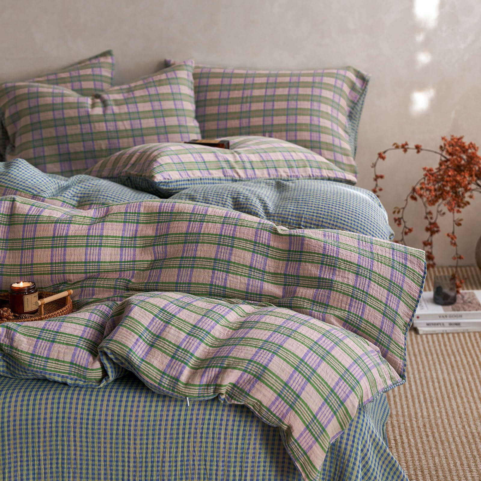 EAVD Vintage Pastel Pink Buffalo Plaid Duvet Cover Queen 100% Muslin Cotton