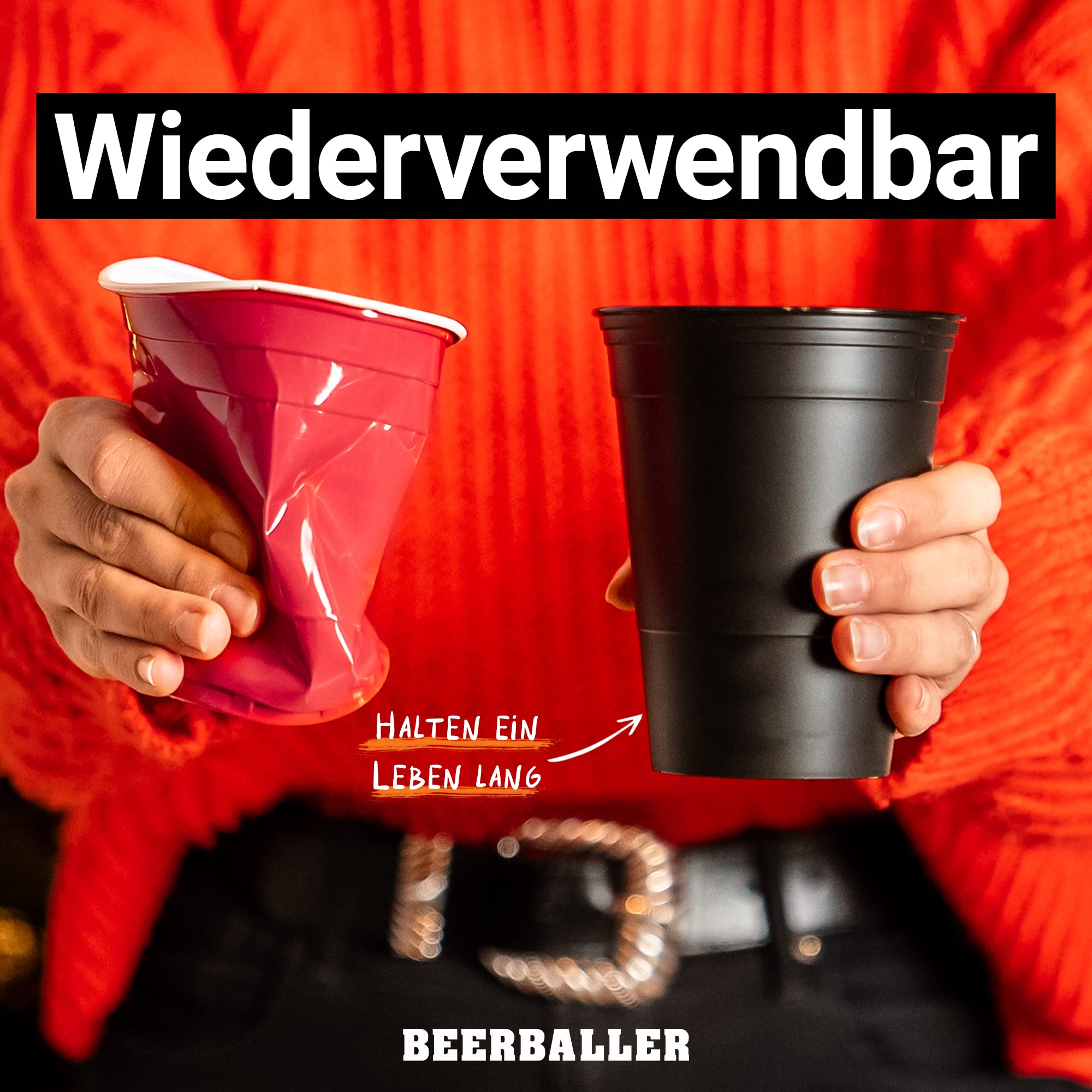 BeerBaller® Unbreakable Cups - 22 Hartplastik Beer Pong Becher & 3 Bälle | Aus recyceltem Plastik! | Mehrweg Bierpong Becher | spülmaschinenfest | 473ml/16oz - Red Cups | Made in Germany