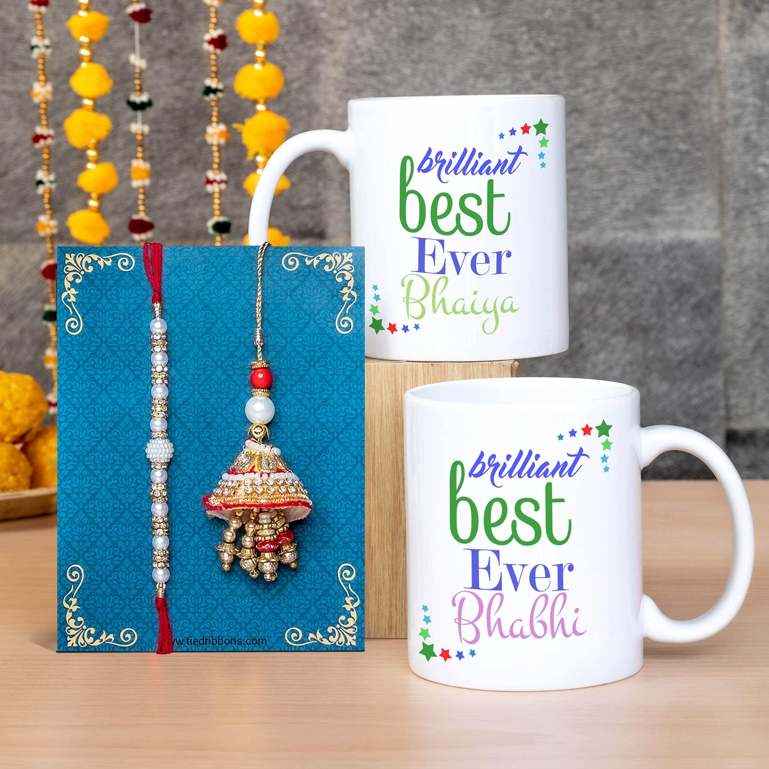 TIED RIBBONS Rakhi for Brother with Gift Set | Rakhi for Bhaiya, Milk Mug (325 ml) and Greeting Card, Roli Tika | Rakhi Gifts for Brother Rakhi Set for Brother Bhai Rakhi Thread