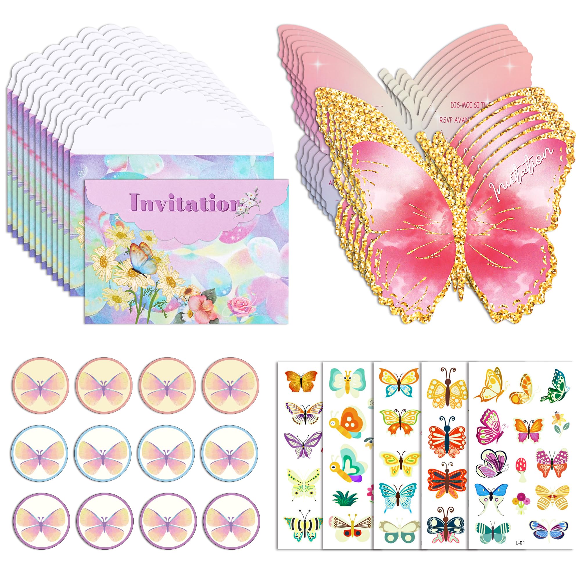 12 Cartes D'Invitation Anniversaire Fille Ghope - Thème Papillon, Avec Enveloppes, Autocollants, Tatouages