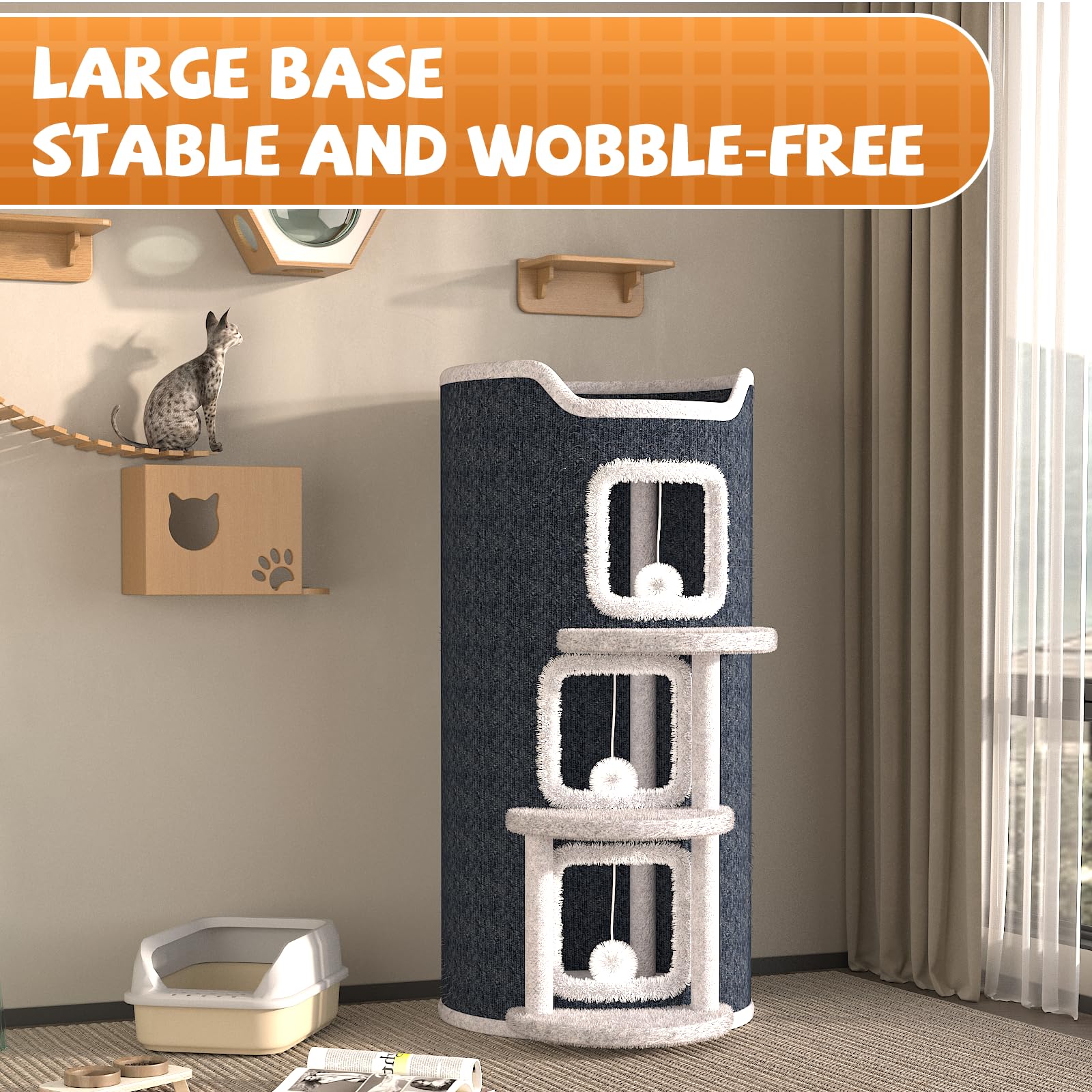 Tour à griffer Chat à 4 Niveaux avec balles en Peluche et Structure d'escalade, Robuste et idéale pour Les foyers avec Plusieurs Chats, 85 x 40 x 40 cm, Gris foncé
