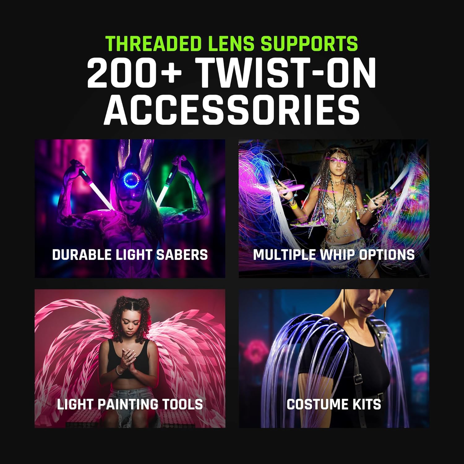 Image showing the threaded lens of the RGB Critter BT and examples of compatible accessories like light sabers, fiber optic whips, light painting tools, and costume kits.