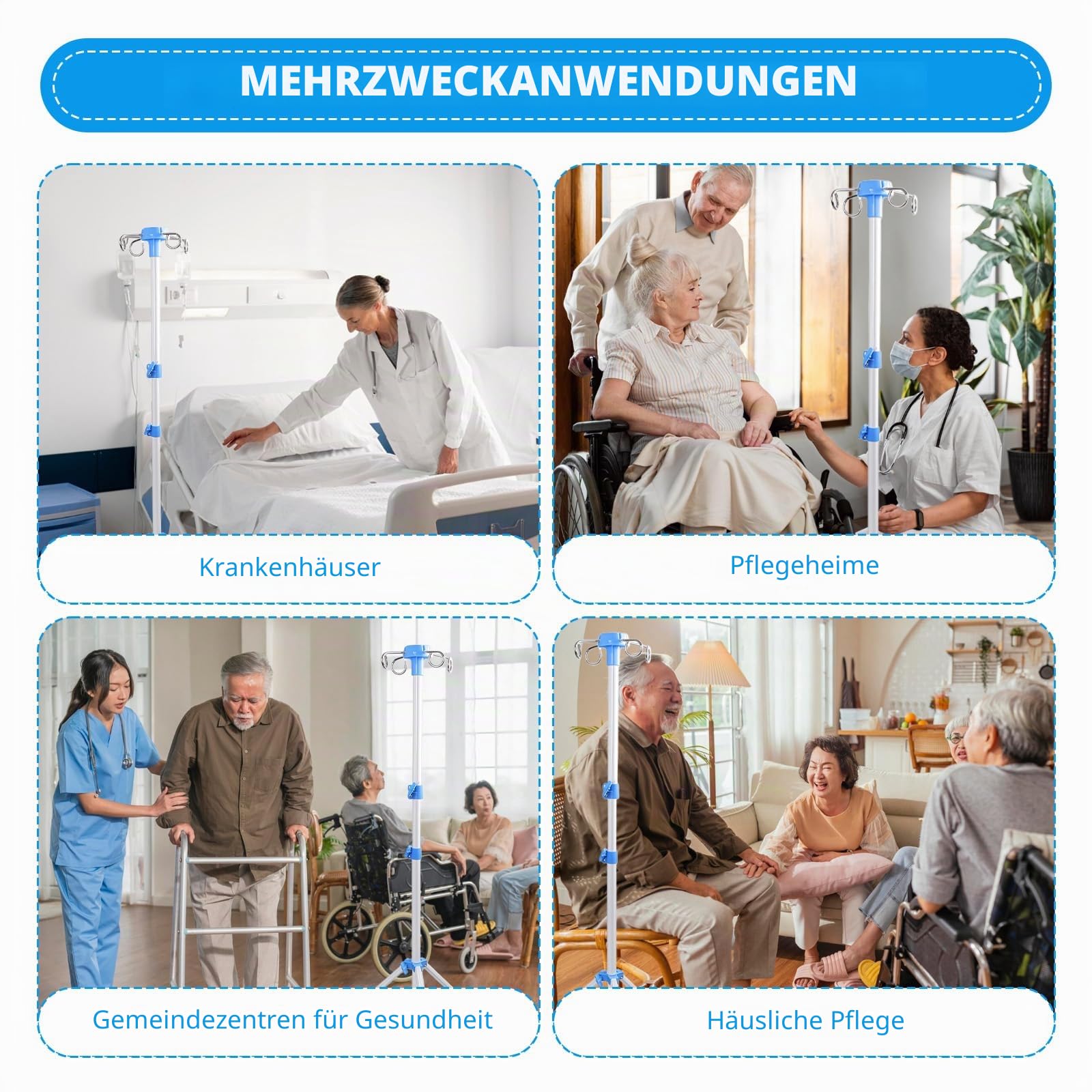 Klappbar Infusionsständer mit 4 Haken und 3 Netzbeuteln IV Ständer Höhenverstellbar von 70-210 cm Tragbarer Aluminiumlegierung Infusion Halterung für Zuhause Pflegeheime Klinikum, Weiß