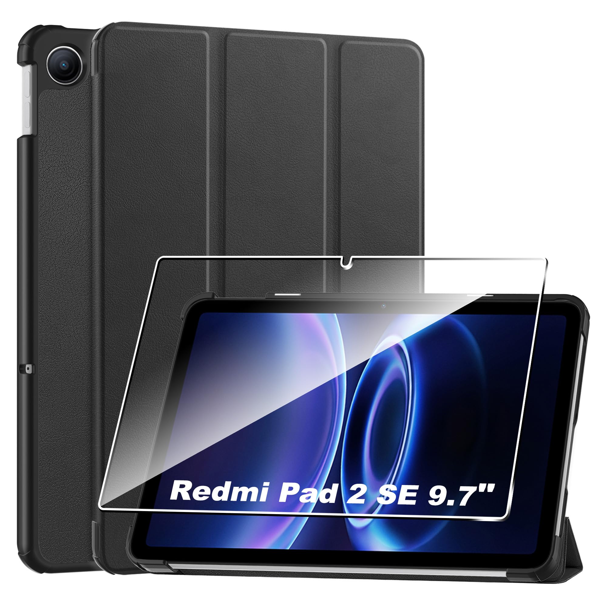 Custodia per Redmi Pad 2 9.7" Cover in Pelle Case, + [1 Pezzi] Vetro Temperato Pellicola Protettiva [Auto Svegliati/Sonno][Supporto Funzione ] [Anti-Scratch] Nero