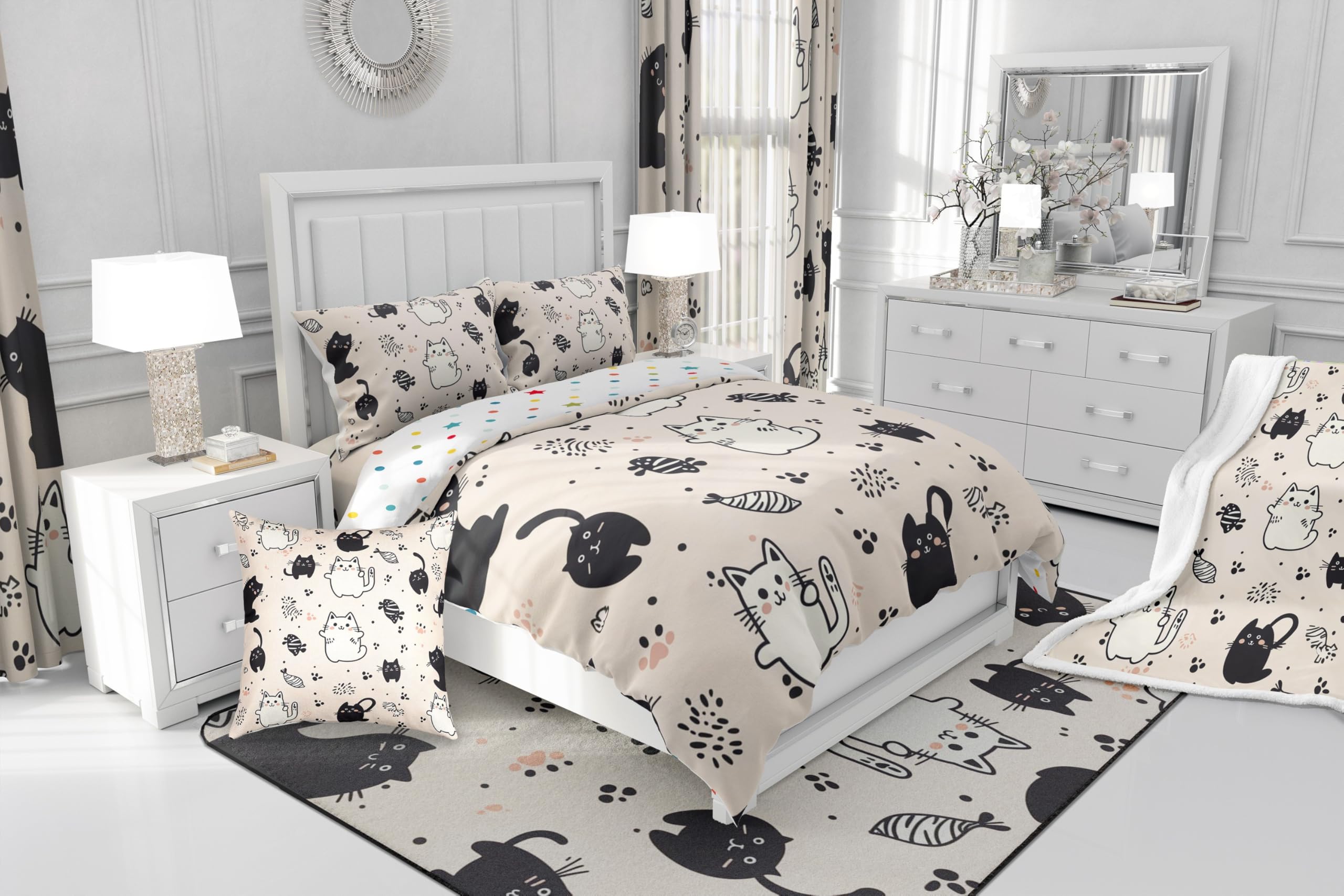 Homewish Kawaii kot dziewczynki podwójna poszewka na kołdrę czarno-biały kot tematyczny zestaw pościeli uroczy mały kot ślad poszewka na kołdrę, kreskówka kotek łóżko zestaw dla dzieci dzieci