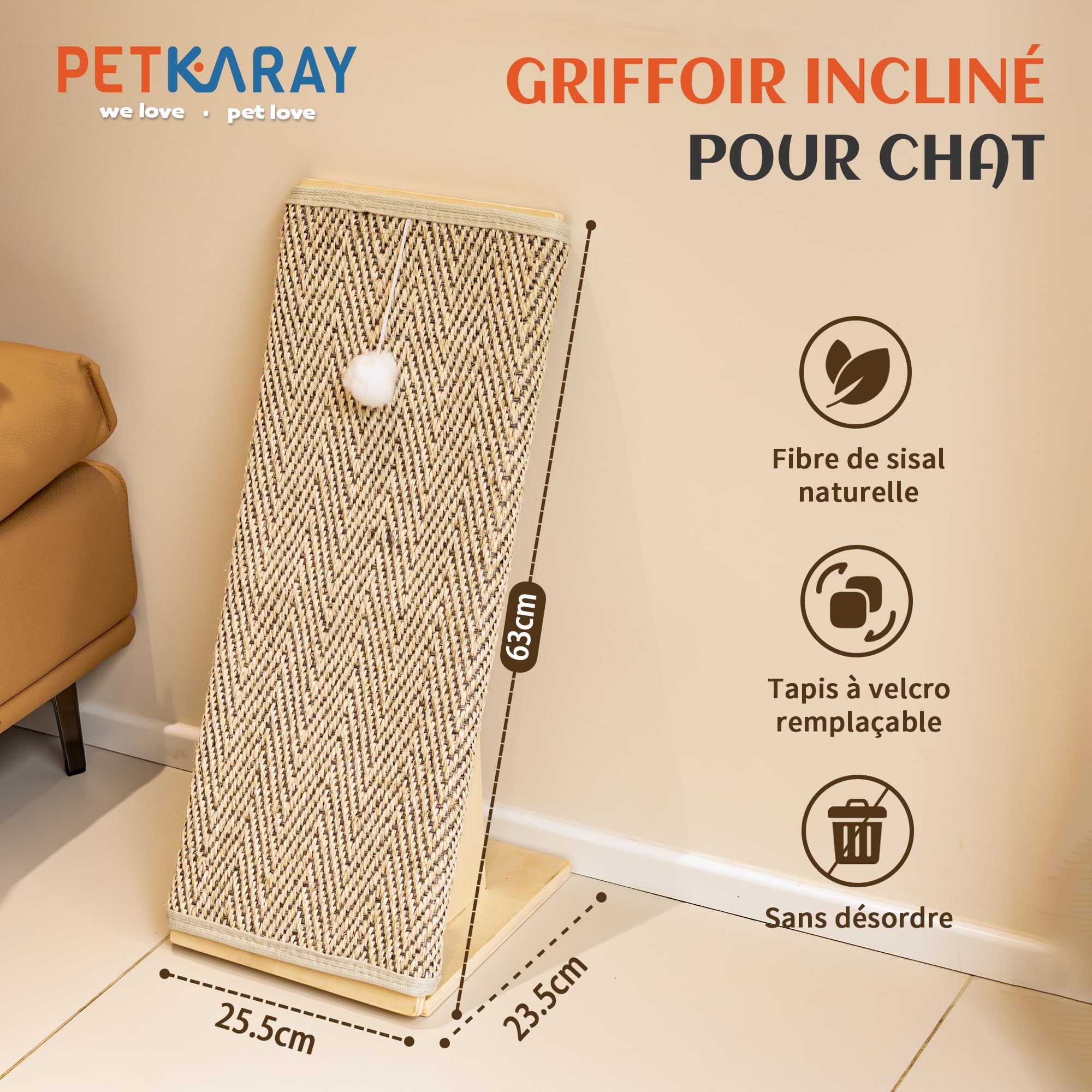 PETKARAY Griffoir chat de 65 cm de haut, avec rampe, meuble griffoir robuste en forme de L comme protection de meubles, griffoir pour chat intérieur, motif chevron