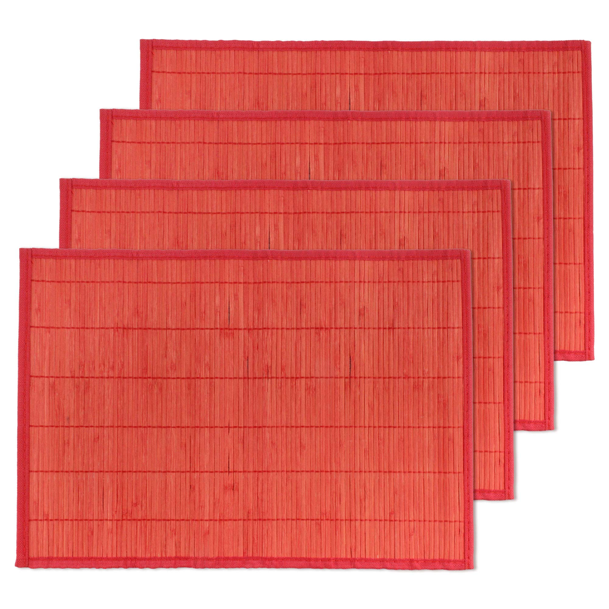 BambooMN Bamboo Slats Placemat with Fabric Border - Solid Color Print - 18" x 13" - Red, 4 pcs