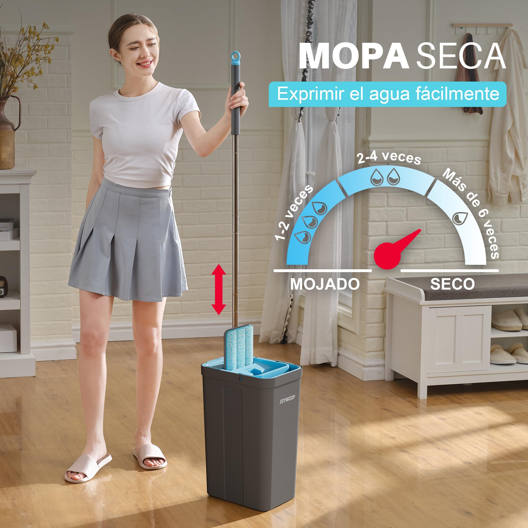 JOYMOOP Juego de fregona y Cubo con escurridor, fregonas para Limpieza de Suelos, Limpiador de fregona de Pared con Mango Largo, con 6 Almohadillas de Microfibra Reutilizables, Gris y Azul Cian