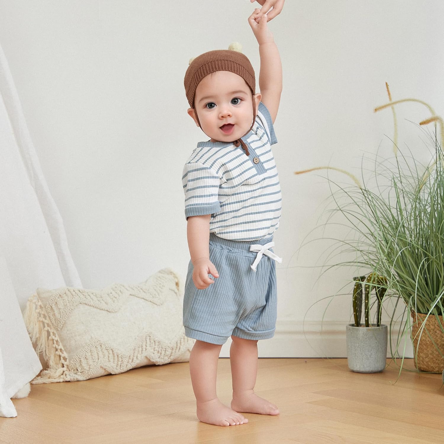 Newborn Baby Boy Girl Clothes Set Ribbed Short Sleeve Striped Romper Top Solid Color Shorts Sets 2Pcs Summer Outfits - Image 3