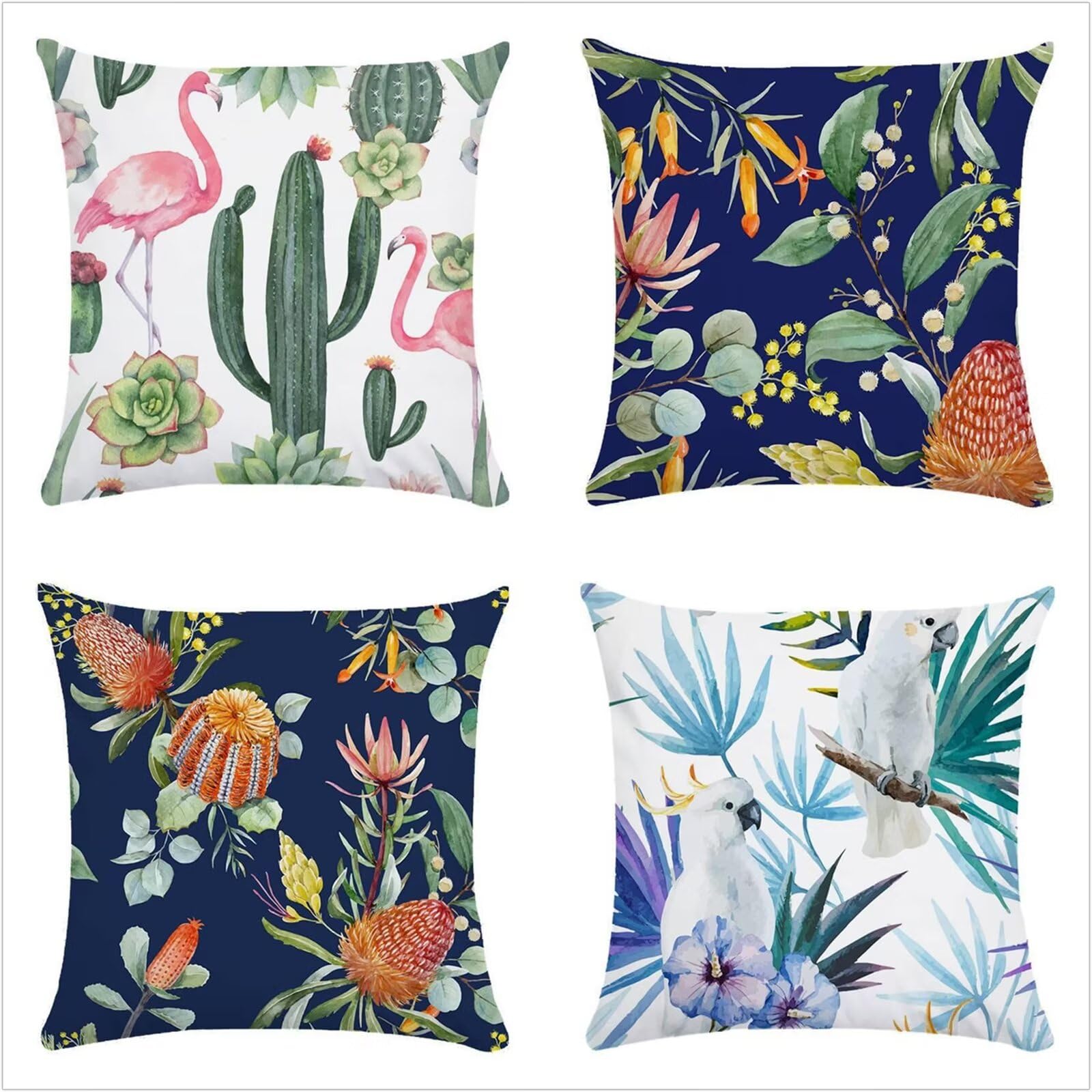 Juego de 4 Impermeable Funda de Cojín Plantas de aves tropicales,65x65cm Moderno Suave Transpirables Lino Fundas de Almohada Cojines Decor con Cremallera Oculta para Exterior Sofá Cama Coche Hogar