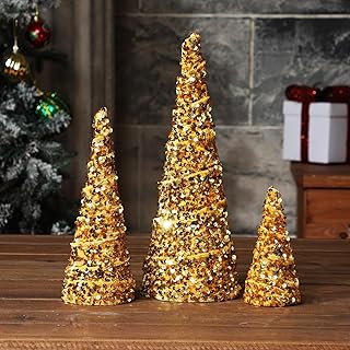 Ceenna 3 Pcs Mardi Gras Carnival Festival Velvet Trees Set Christmas Tree Decorations Holiday Mantel Shelf Decor for Farmhouse Dining Centerpiece(Gold, Confetti)