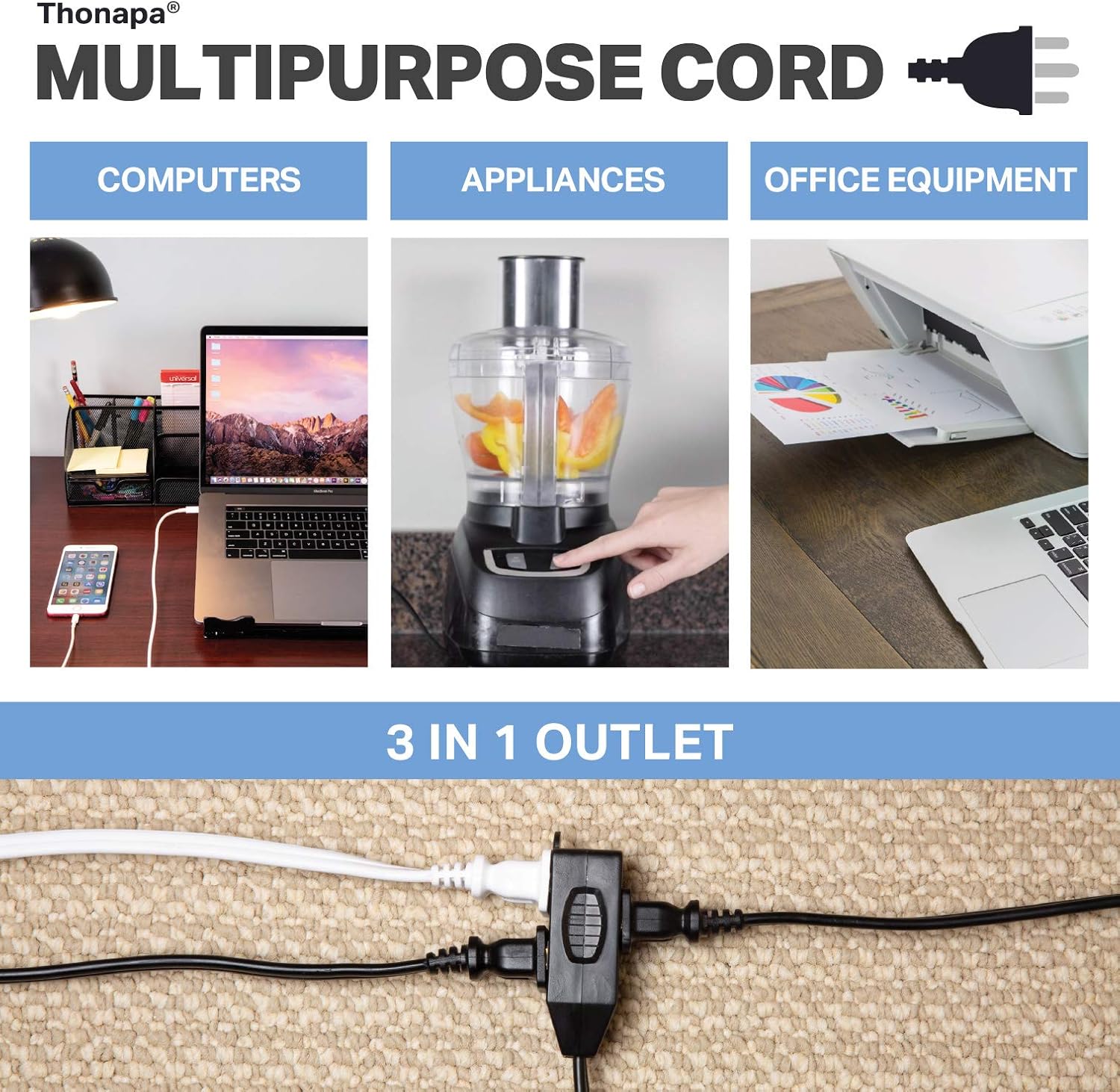 Thonapa 10 Ft Black Extension Cord 2 Prong 3 Outlets, 2 Pack, 16/2 Indoor Extension Cord with Multiple Outlets, 13 AMP Electrical Cable for Home, Office, Household Appliances