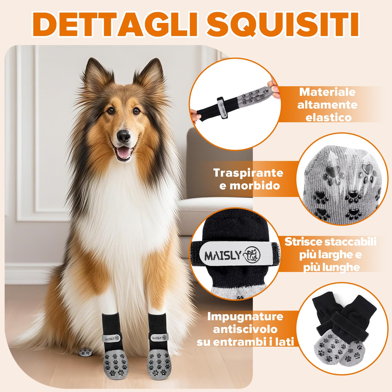 Maisly 5 Calzini Antiscivolo su Entrambi i Lati con Cinghie Regolabili per Interni ed Esterni, Protezione Zampe e Controllo della trazione su Pavimenti in Legno Duro (XL)