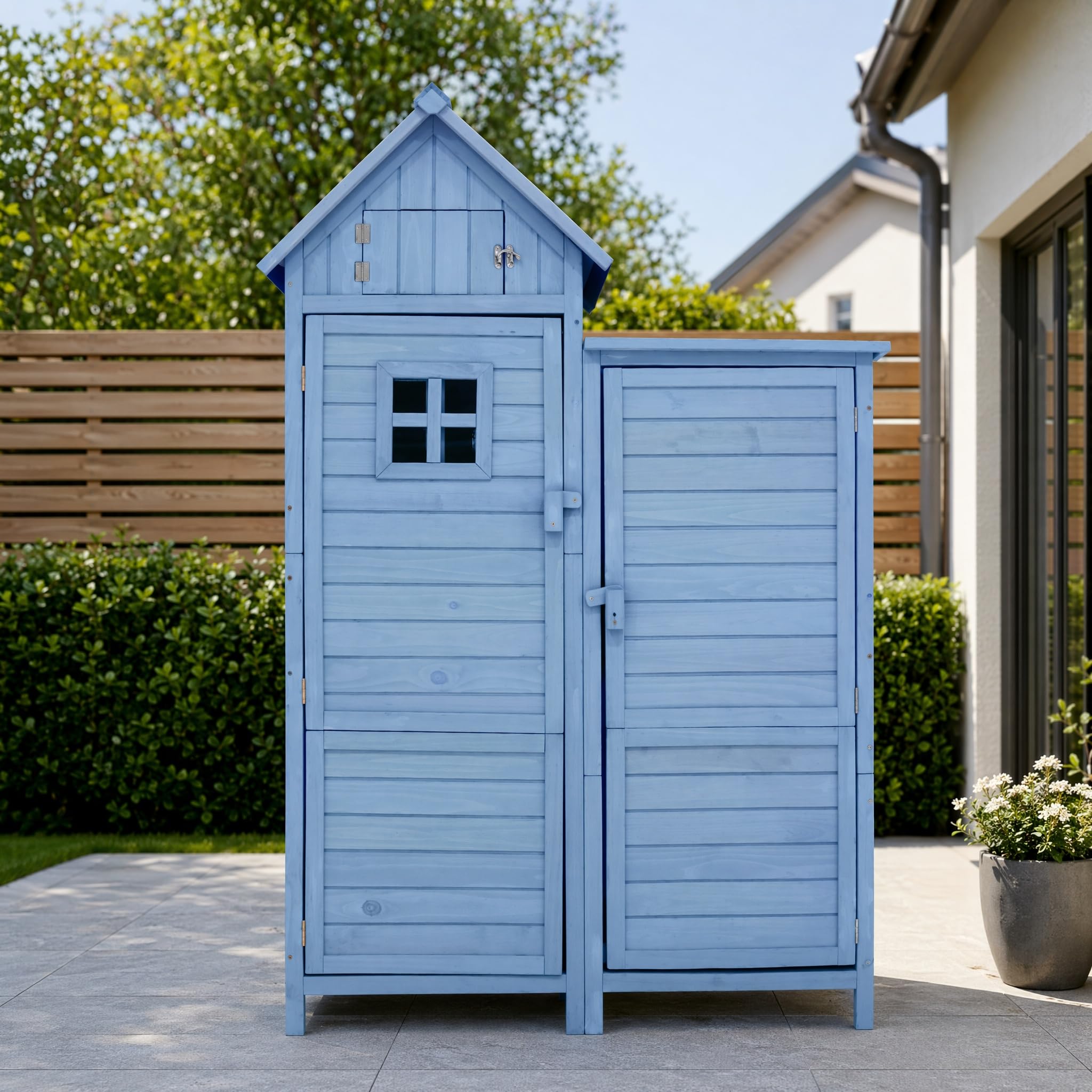 Su & Chan Legence Gartenhaus aus Holz, Geräteschuppen mit 2 Ablagen, 2 Türen und PVC-Dach, wetterfest Gartenschrank für Garten, Balkon und Terrasse, Blau
