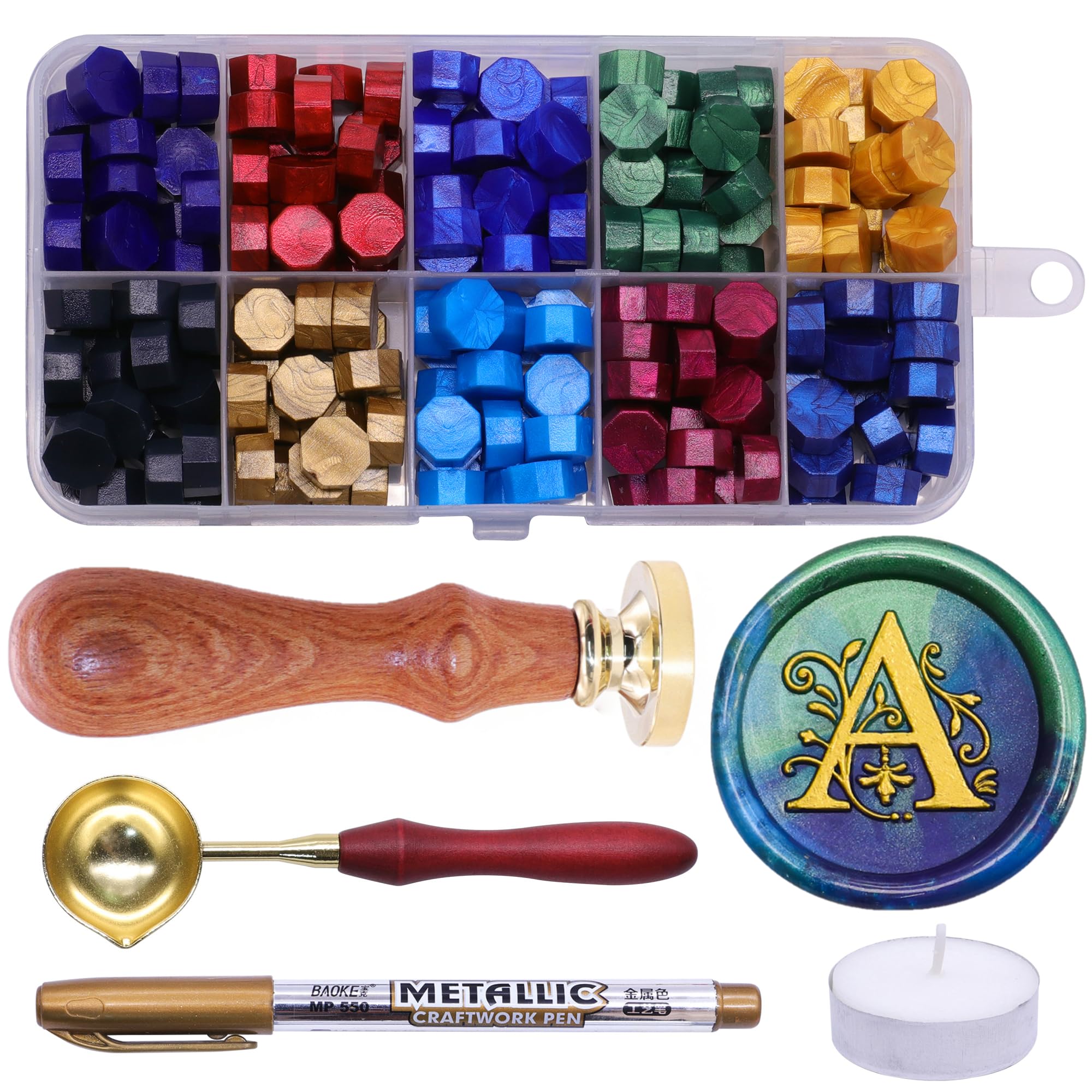SWANGSA Initial Alphabet A Wax Seal Stamp Kit, Classic Retro Letter Sealing Stamp with 200pcs Sealing Wax Beads Kit for Wedding Invitations Cards