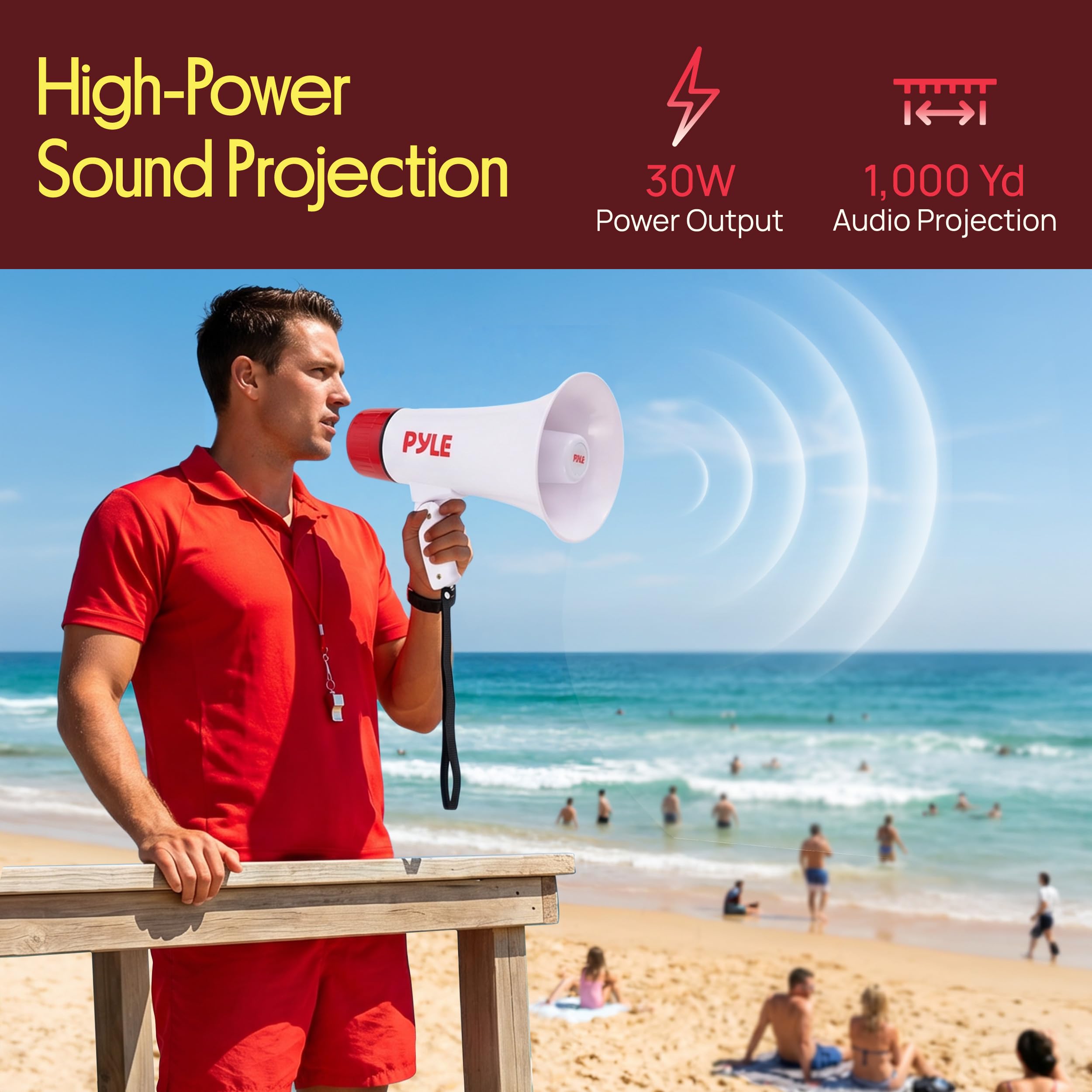 Pyle Megaphone Haut-Parleur 30 W | Mégaphone Bullhorn Rechargeable avec bandoulière, sirène, Bluetooth et changeur de Voix | Portée de 550 m | Enregistrement et Lecture | Design résistant aux