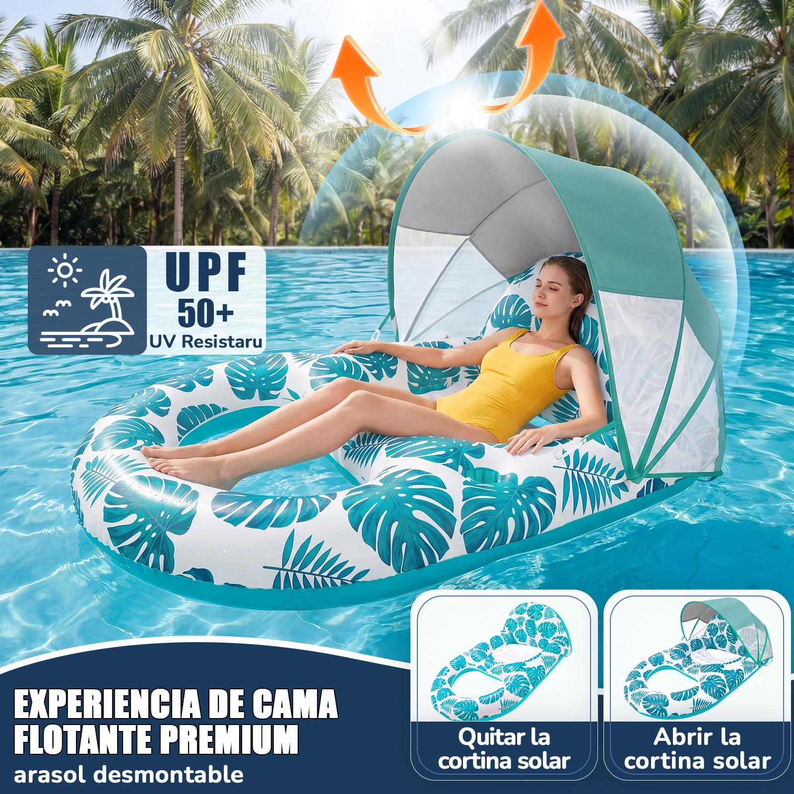 Colchoneta Piscina Adultos, Inflable Flotador con Sombrilla Colchón de Aire Adulto con Portavasos y Respaldo para Verano Piscina Playa