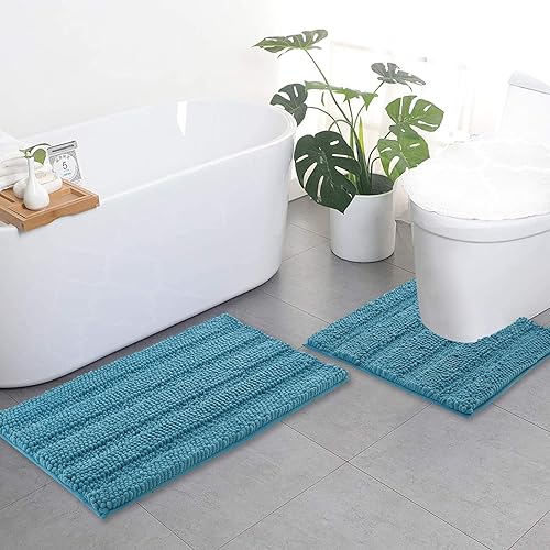 NICETOWN Bathroom Rugs Slip-Resistant Absorbent Soft and Fluffy Thick Striped Bath Mats Non Slip Microfiber Shag Floor Mats Dry Fast Waterproof Bath Mats (Teal Blue, Set of 2-20" x 32"/24" x 24" U)