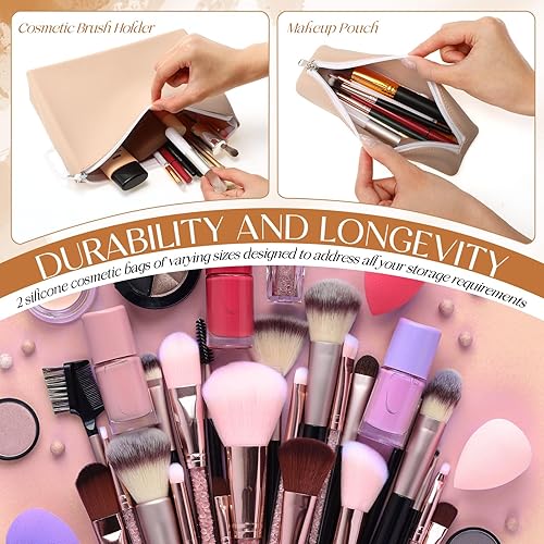 Miniatura 4 de Bolsa de maquillaje de silicona grande, soporte para brochas de maquillaje, bolsa de cosméticos de silicona suave con cremallera, impermeable,