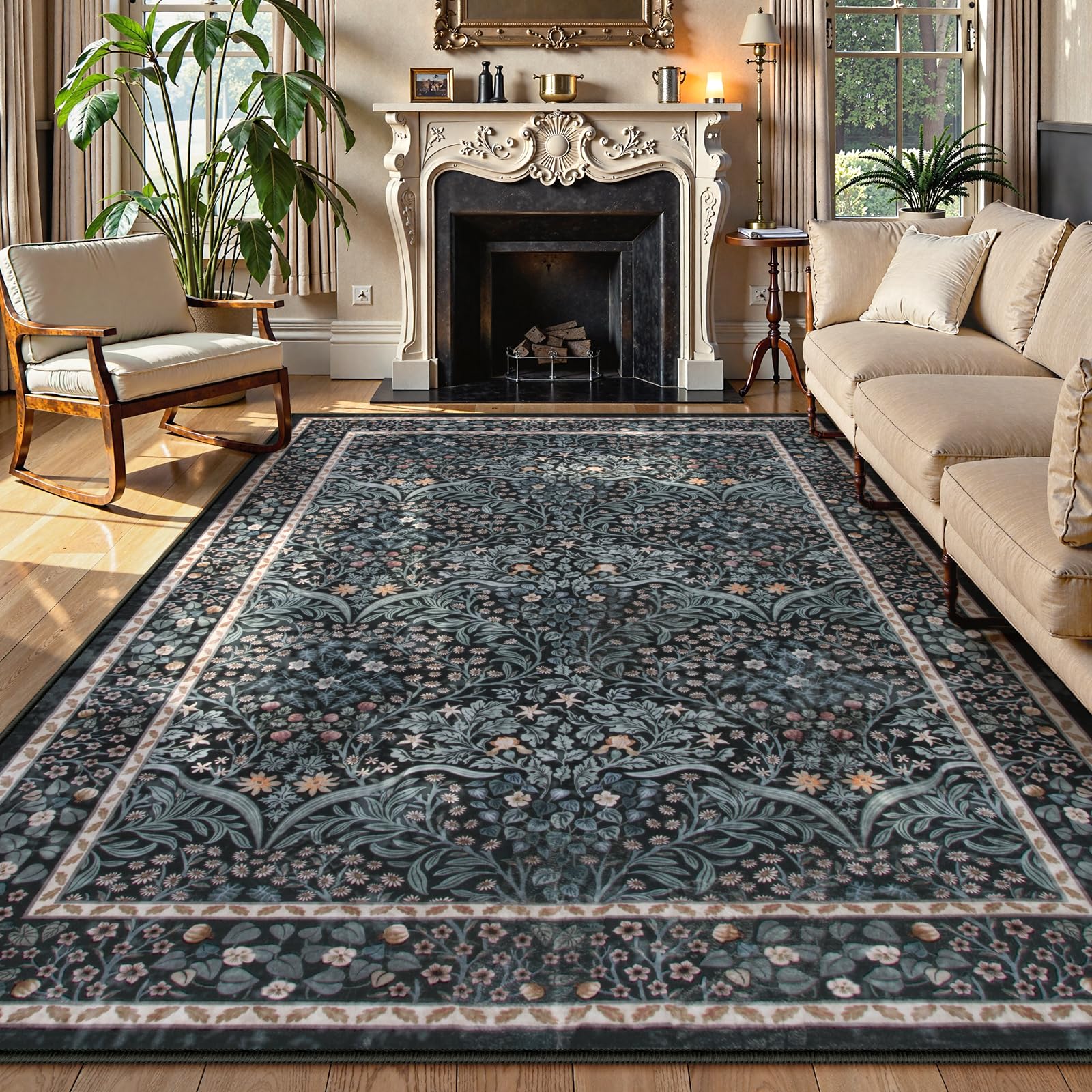 lahome floral washable rugs 8x10, soft 8x10 area rugs for living room bedroom, boho non-slip forest stain resistance large throw carpet for farmhouse dining room office, black