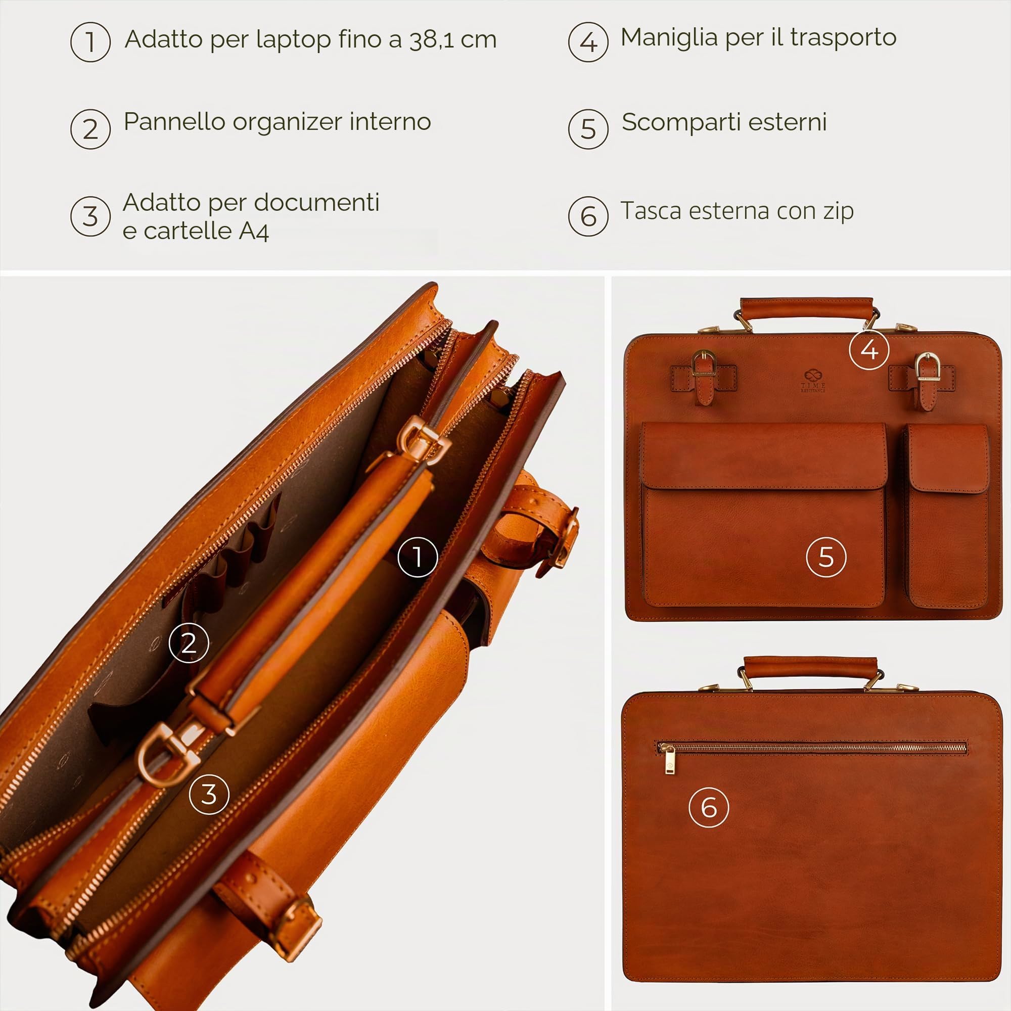 Time Resistance Cartella In Pelle - Borsa In Pelle Di Classe Per Uomo - Cartella Da Lavoro - Cartella Vintage