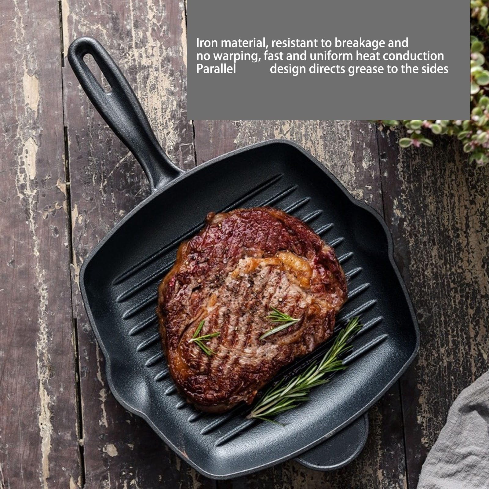 Yosoo Health Gear Sartén para Parrilla de Hierro Fundido, Sartén para Bistec Cuadrada Grande con Boquillas Dobles, Crestas para Parrilla con Calor Uniforme para Tocino, Filete, Cebolla, Cocina (26CM)