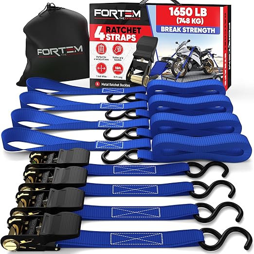 FORTEM Ratchet Straps, 1650lb Break Strength, 4 Pack 15ft x 1in Tie Down Strap Set, 4 Soft Loops, Motorcycle Straps Tie Downs, Cargo Cam Buckles for Trucks, Rubber Handles, Carry Bag