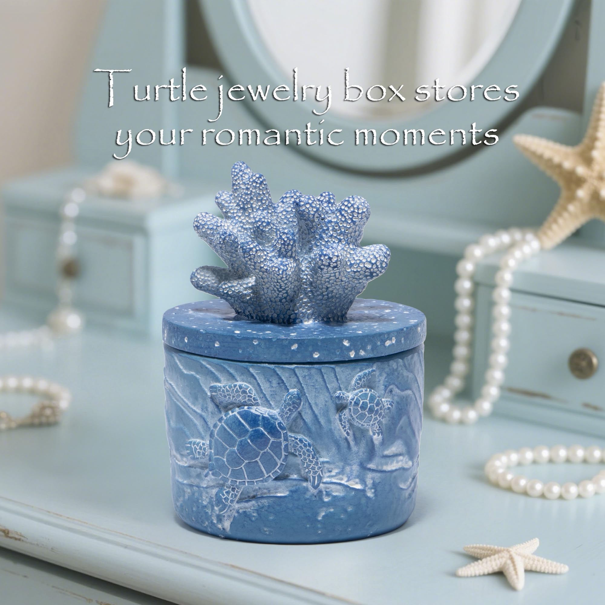Hodao Ocean Crafts Sea Turtle & Octopus Resin Jewelry Box with Coral Lid - Handmade Organizer for Rings Earrings Necklaces, Blue/White, Ocean-Themed Storage Case Decor Gifts For Women (Blue-Turtle)