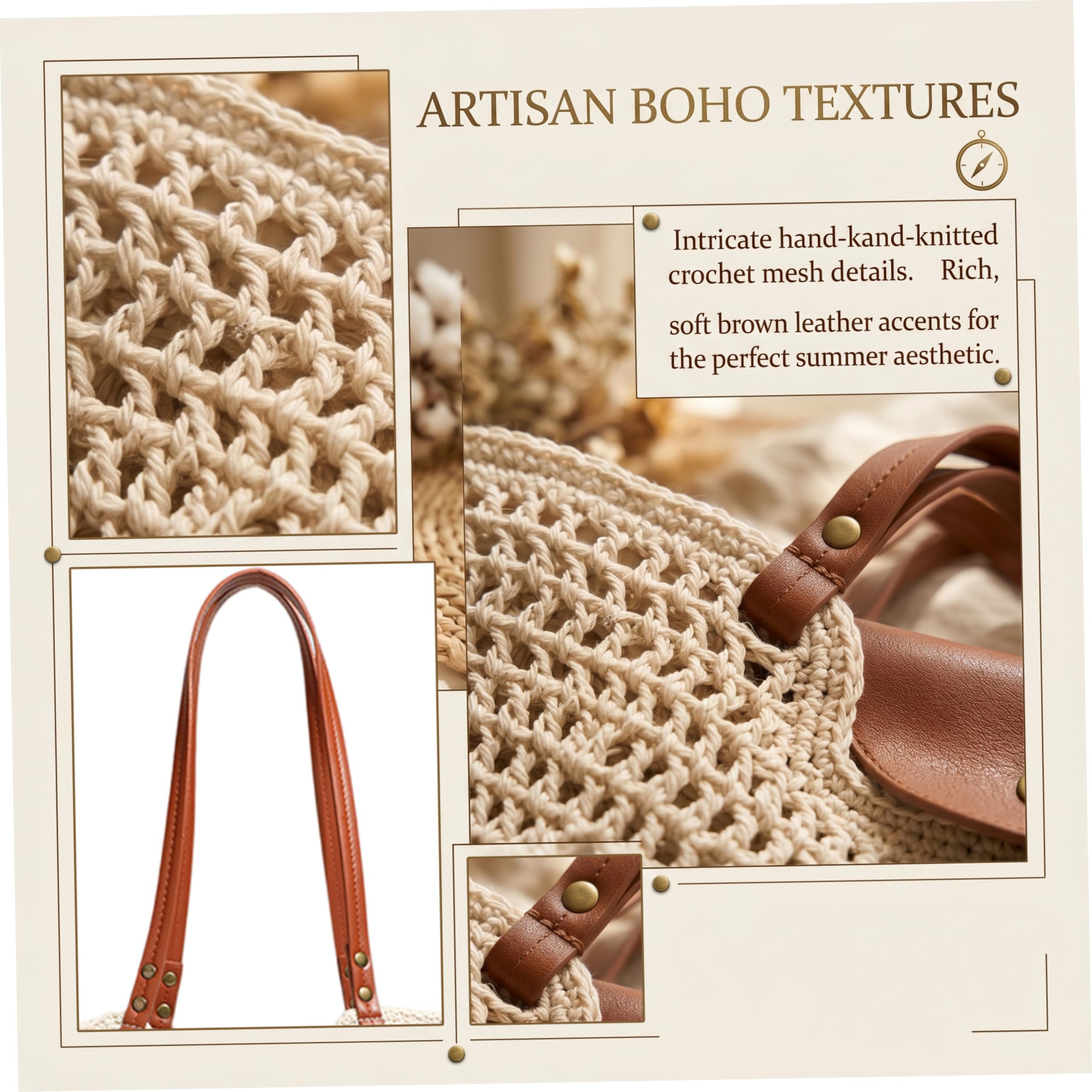 Borsa da Spiaggia Boho all'Uncinetto di capacità per Donna, Borsa in Tessuto con Cinturino in Pelle, di Paglia Fatta a Mano per Vacanze estive, Viaggi, Picnic