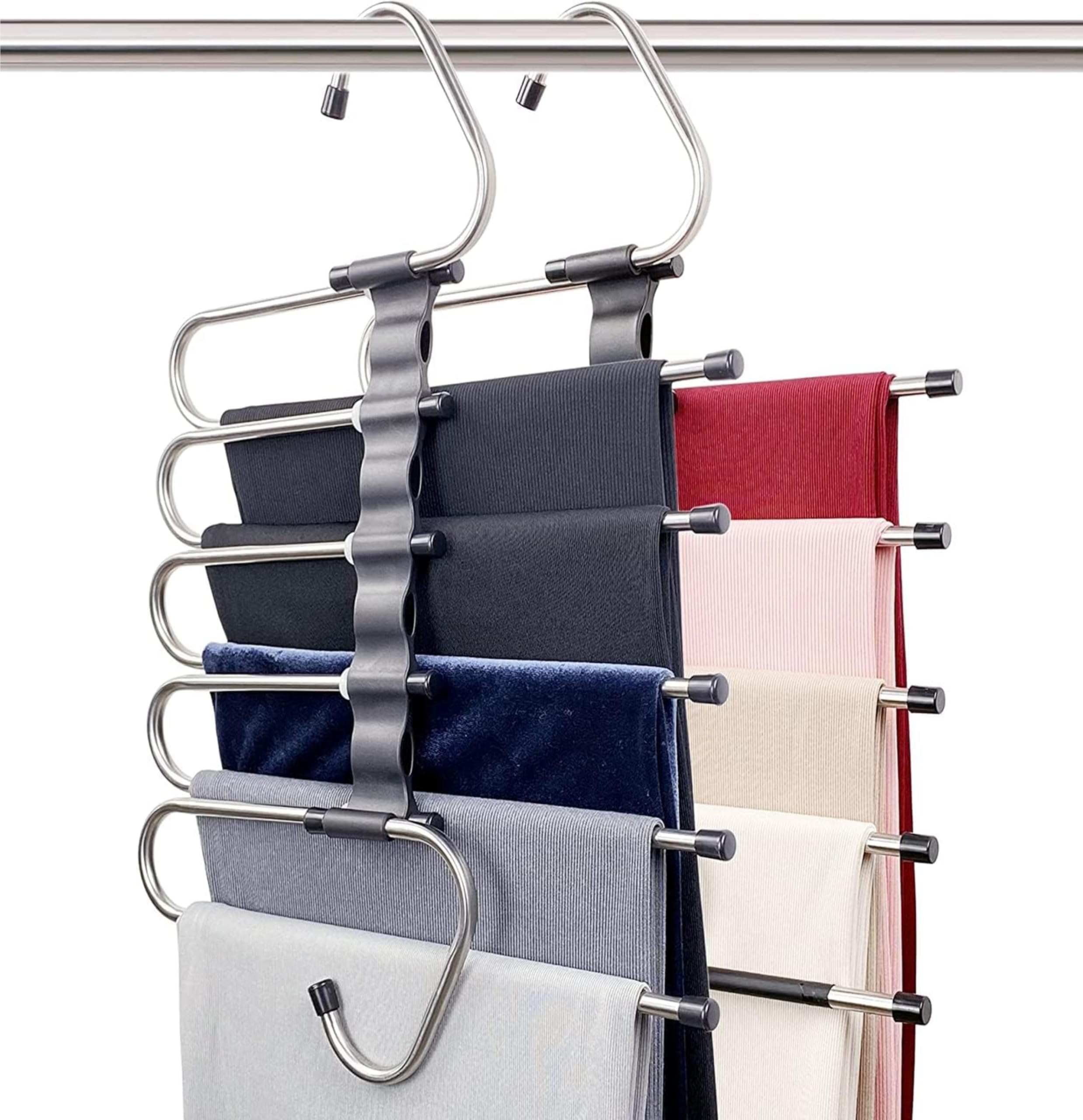 Shynora (2-Pack) Multipurpose 5 in 1 Hangers for Pant, Stainless Steel Fordable Hangers for All Types of Clothes, Multilayer Pant Hanger for Wardrobe, Multipurpose Hanger Organizer for Home (Black)