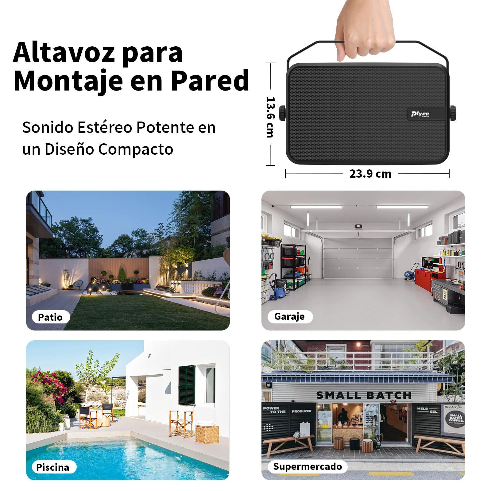 Altavoz Bluetooth para Exteriores, Altavoz de Pared Activo + Pasivo, Compatible con Bluetooth y Auxiliar, Amplificador Integrado, Adecuado para Patio, Porche, Garaje, Piscina, Pack de 2