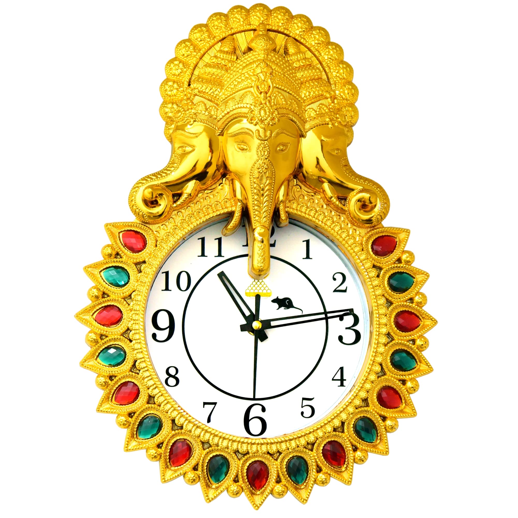 Decorative Ganesha Wall Clock, Antique Gold Finish, 33x38.1 cm, Traditional Indian Design, Analog Display (Gold)