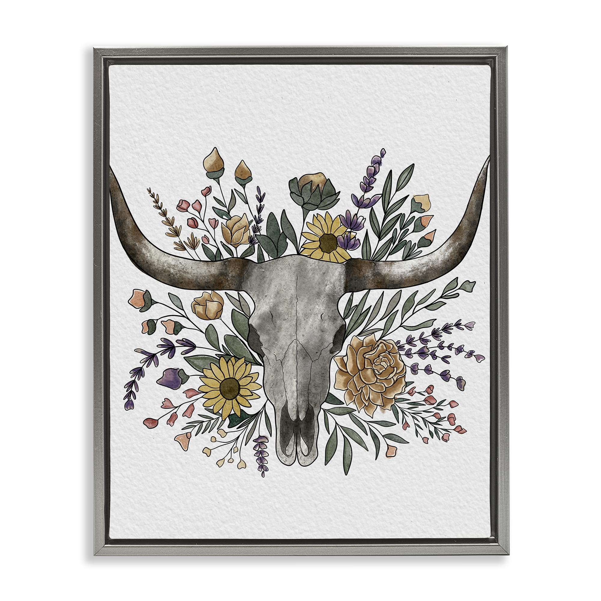 Stupell Industries Luster Gray (Matte) 'Boho Wildflower Longhorn'| Floating Frame Canvas Art