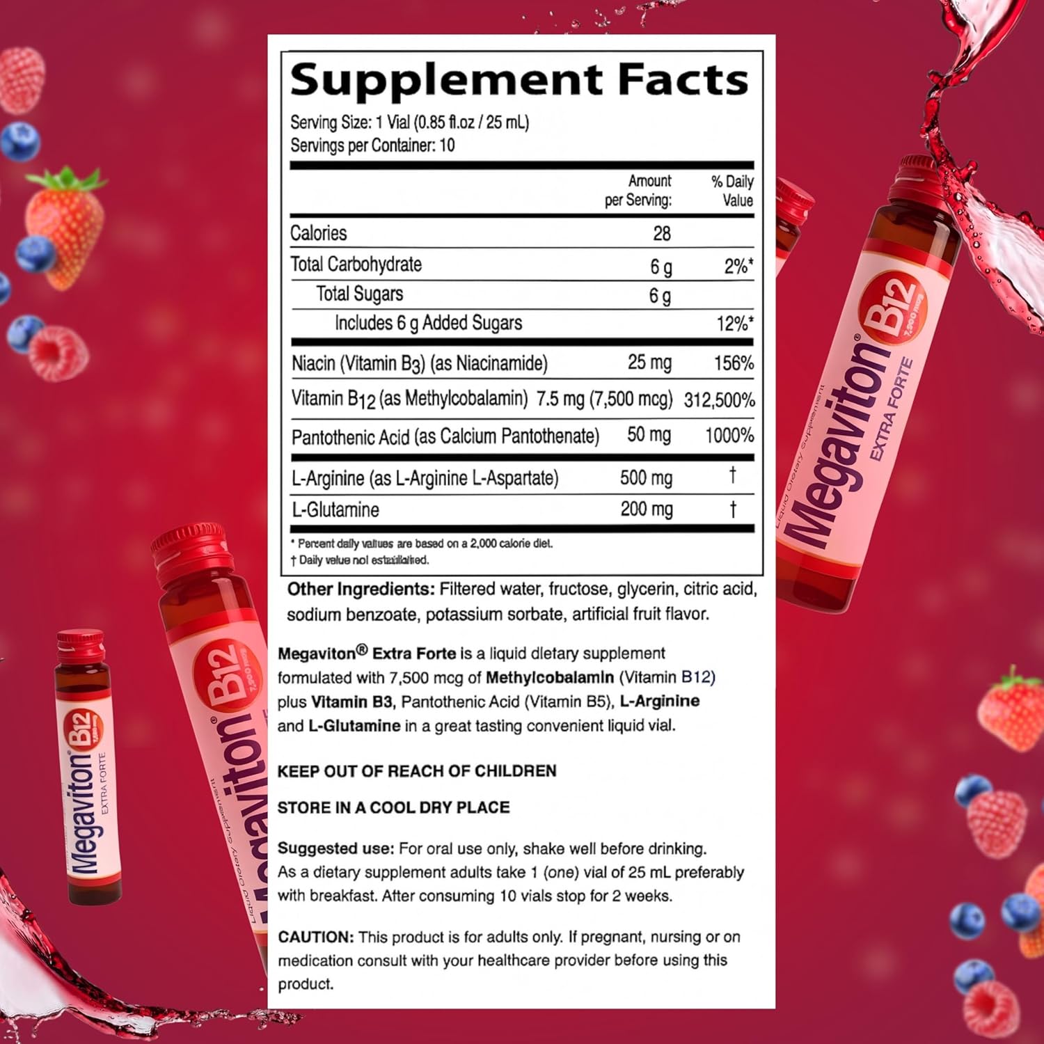 B12 Extra Forte 7500 mcg Liquid | 10 Drinkable Vials 8.50 fl oz | Methylcobalamin + L-Glutamine & L-Arginine | Energy, Focus, Immune & Nervous System Support - Image 2
