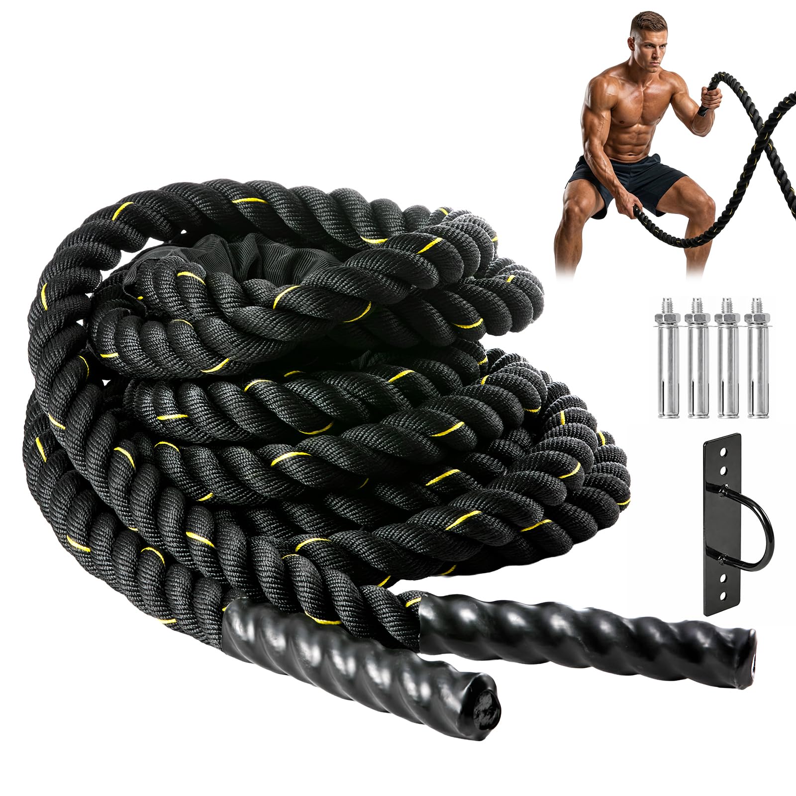 EVERGOODS Battle Rope 9M x 38MM – Heavy Duty Polyester Workout Rope for Home Gym, Full Body Exercise, Muscle Building & Strength Training (Black + Yellow)