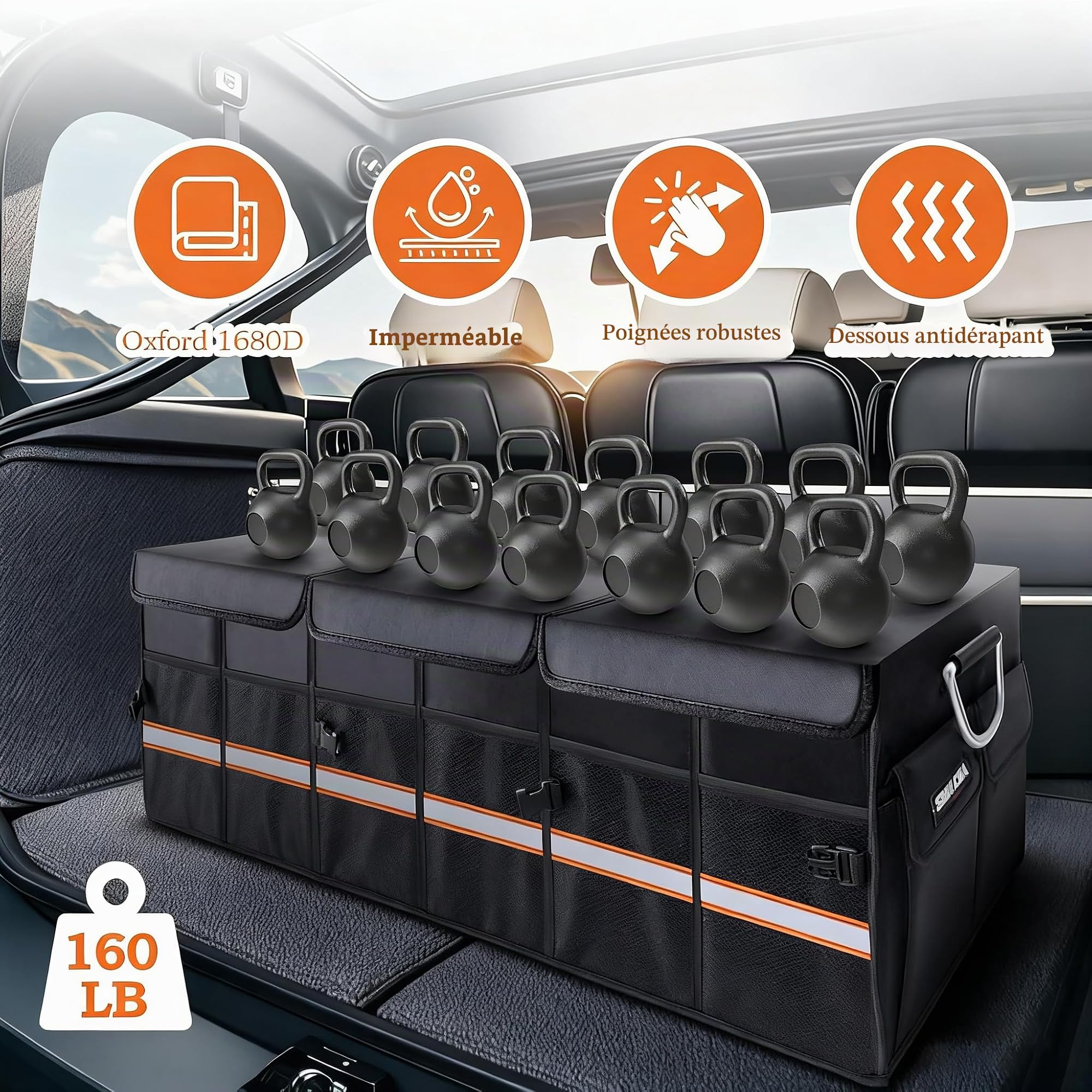 Rangement Coffre de Voiture, Organisateur Coffre Voiture Pliable, Organisateur de Caisse Rangement avec Multi-Compartiments, Couvercle et Sac Étanche, pour Accessoires Automobiles, 100L Noir