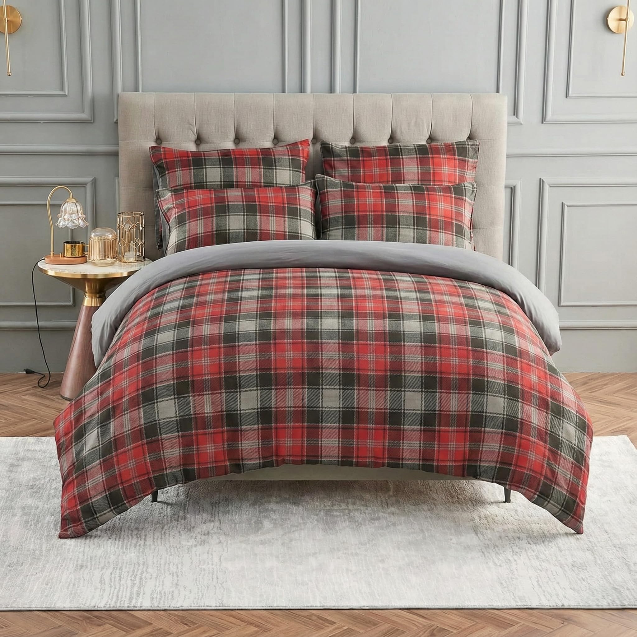 Lions Tartan Check Duvet Cover Set - 100% Polyester - Reversible Bedding with Matching Pillowcase, Easy Care Stylish Printed Quit Covers, Charcoal Single Bed Size 137x200cm