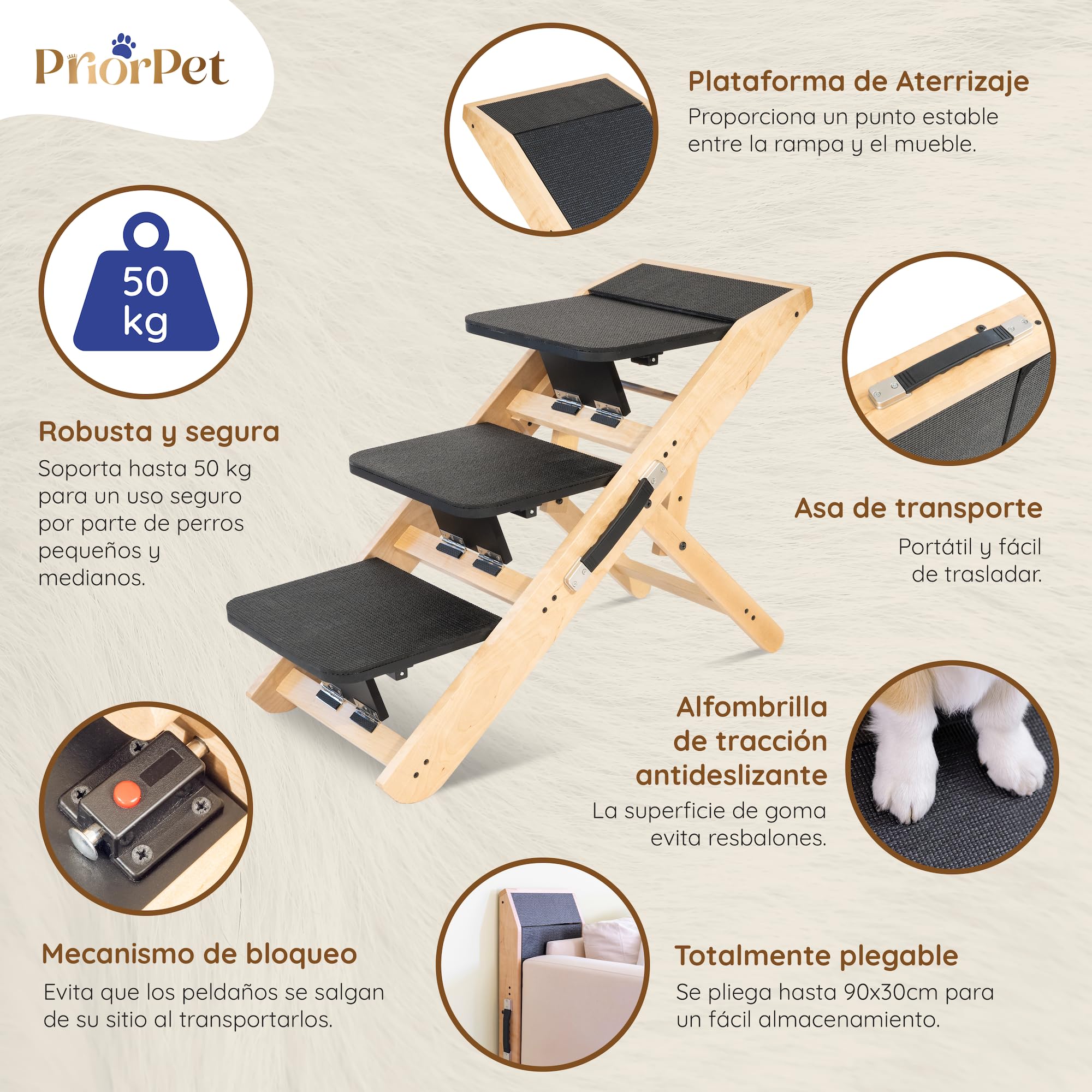Escalones y Rampa para Perros 2-en-1 - Escalera/Rampa Ajustable en Altura para Sofá 18-50 cm - Escalones para Mascotas, Escalones para Perros Pequeños - con Plataforma de Aterrizaje, Natural