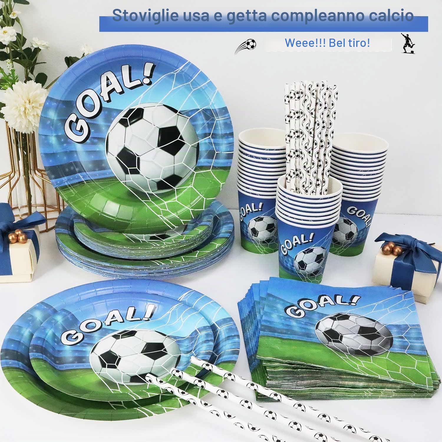 Piatti Calcio Compleanno Bambini per 25 Ospiti, 125 Pezzi Piatti e Bicchieri Tema Kit Compleanno Calcio Decorazioni per Feste Tema Sportivo Ragazzi