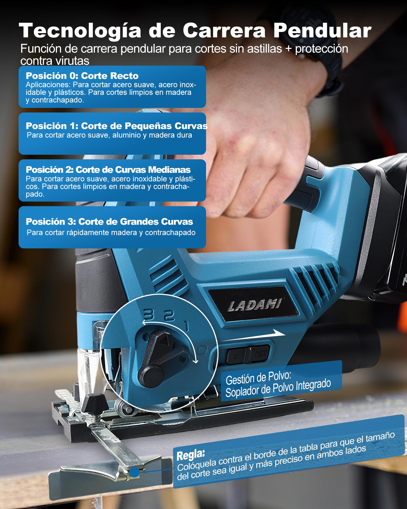 Sierra de calar inalámbrica compatible con Makita, para Einhell, para baterías Bosch, 7 niveles de control de velocidad variable, sierra de calar inalámbrica con hoja de sierra para madera, PVC