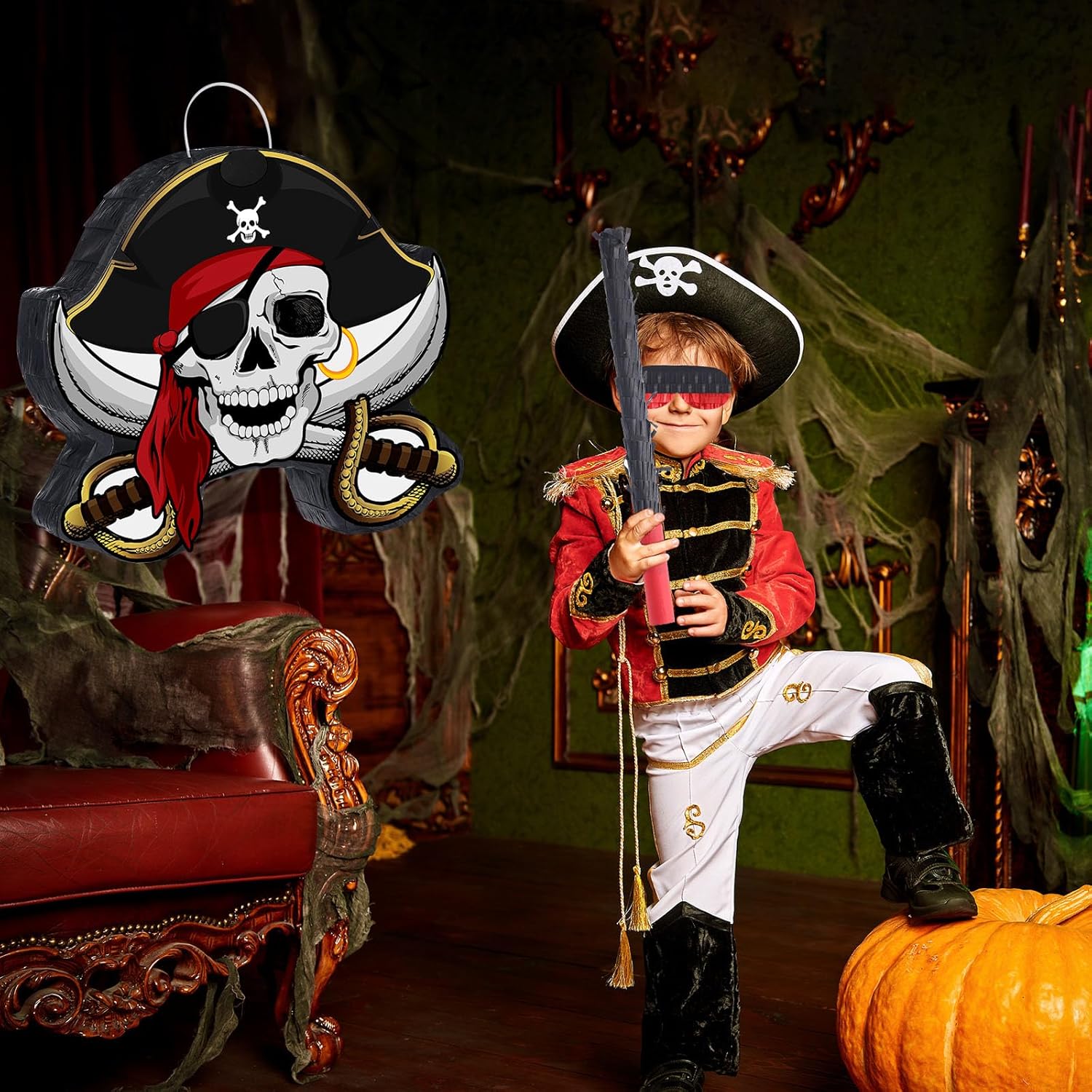 Pirate Piñata Bundle Pirate Party Game Set Include Captain Piñata Bat Stick Blindfold Mask for Birthday Party Nautical Adventure Game Decor Supplies Decor, 13.4 x 14.3 x 3.2''