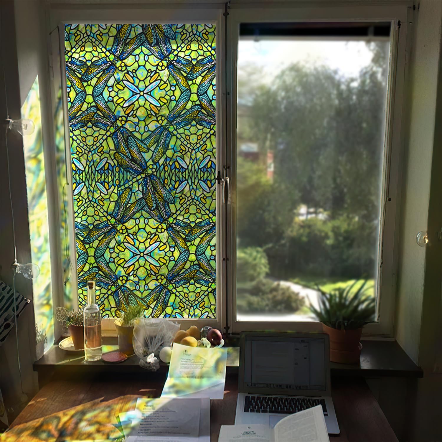 Original Hand Drawn Watercolor Stained Glass Window Film, Removable Window Cling Decorative Dragonfly Stickers, Transparent Yellow-Green Dragonfly Glass Window Decor for Home 16.93"x118.11"