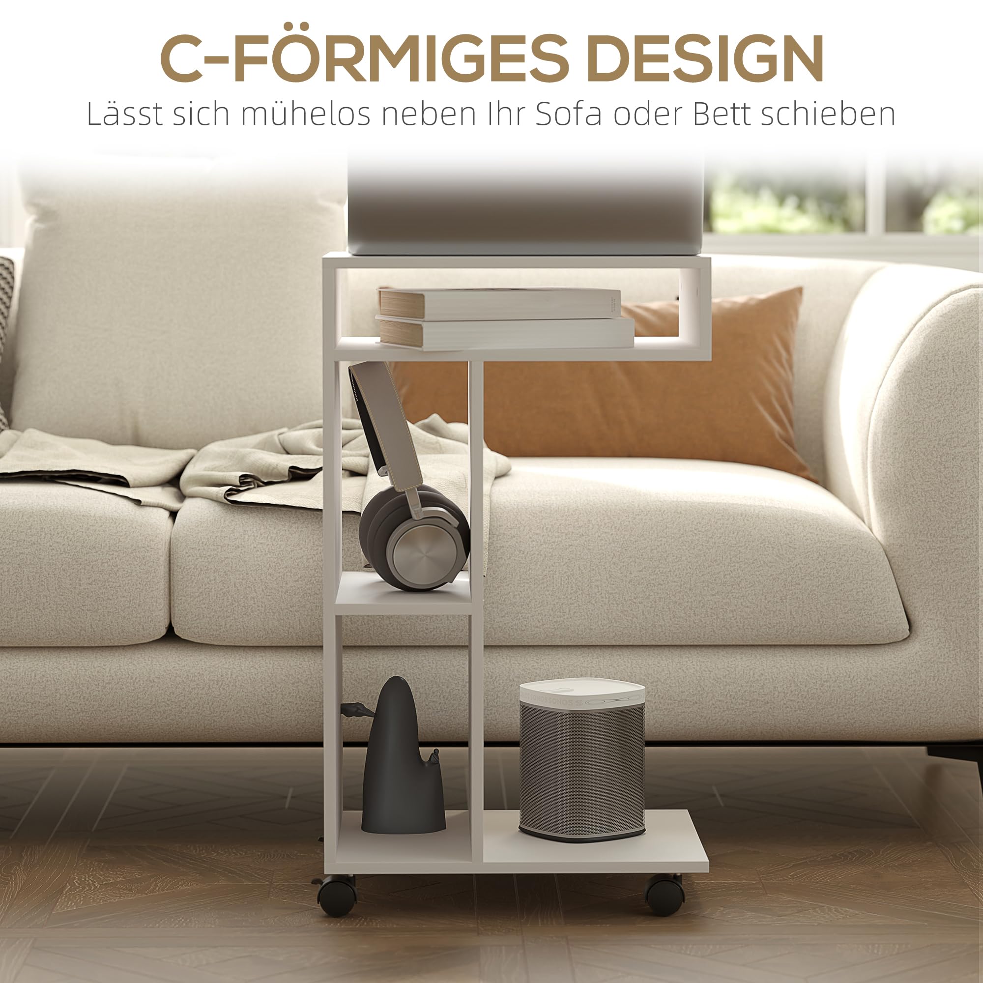 HOMCOM Bijzettafel Bureau Nachtkastje In Hoogte Verstelbaar 4 Wielen Metalen Frame 55x36x625 825cm Mobiel Werkstation C Vormig Aosomnl